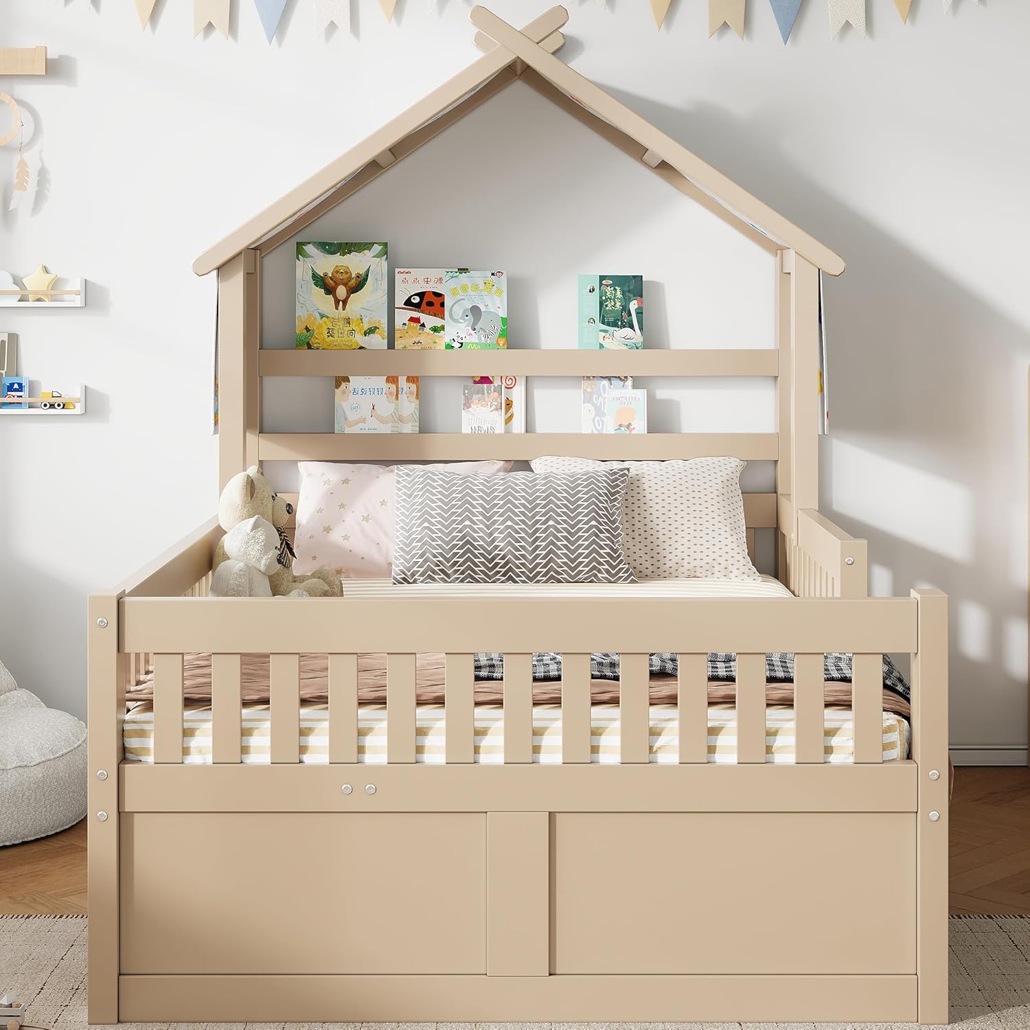 Merax Kinderbett 140x200 Hausbett mit Ausziehbett und 3 Schubladen, Jugendbett mit Rausfallschutz und Stauraum, Stabiles Holzbett mit Stoffdach für Kinder & Jugendliche, Kiefernholz, Weiß — Ansicht 3