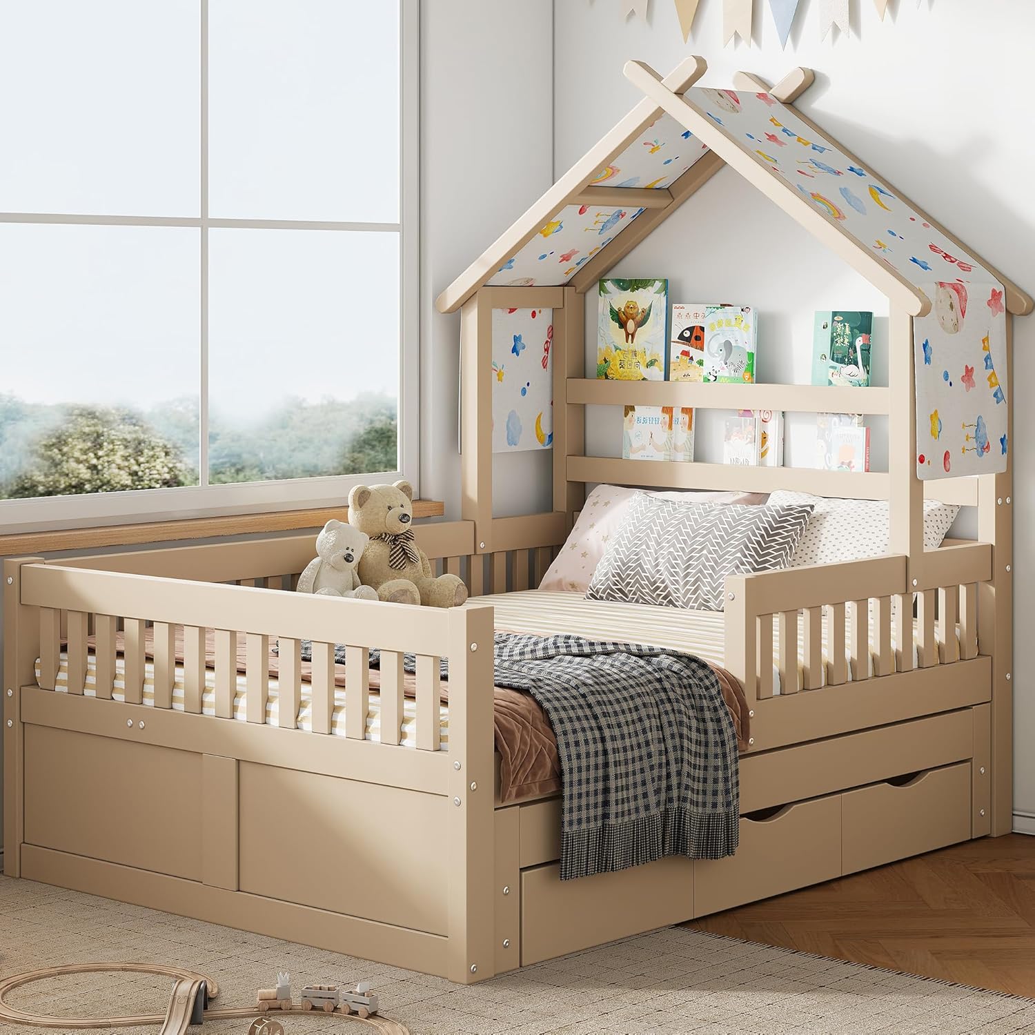 Merax Kinderbett 140x200 Hausbett mit Ausziehbett und 3 Schubladen, Jugendbett mit Rausfallschutz und Stauraum, Stabiles Holzbett mit Stoffdach für Kinder & Jugendliche, Kiefernholz, Weiß — Ansicht 4