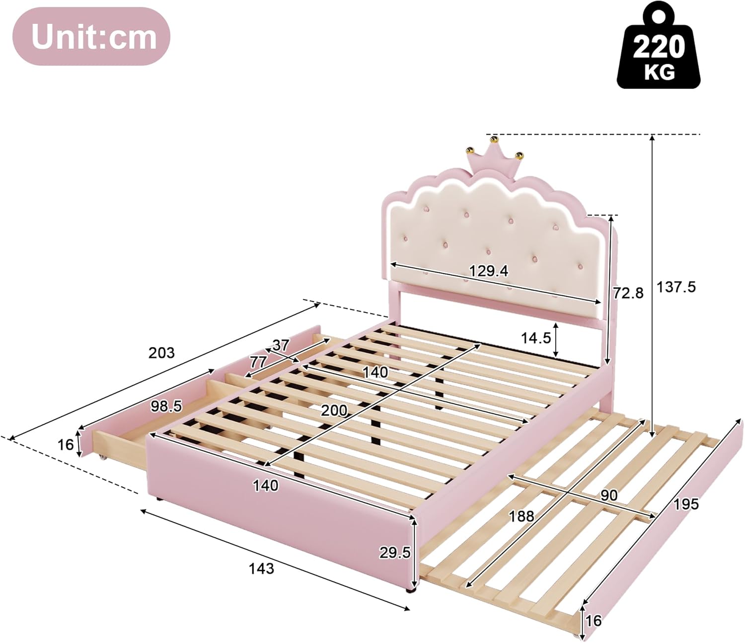 Merax Kinderbett 140x200, Polsterbett für Mädchen Kronen-Doppelbett mit LED-Streifen, Bettrahmen mit Lattenrost, Ausziehbett und 2 Schubladen (ohne Matratze), aus PU-Leder, Rosa — Ansicht 2