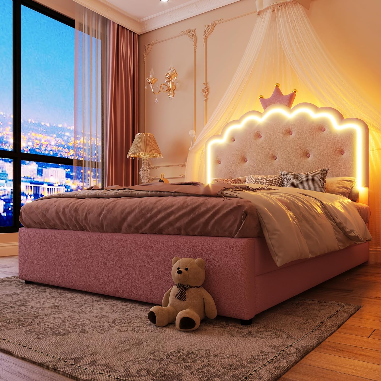Merax Kinderbett 140x200, Polsterbett für Mädchen Kronen-Doppelbett mit LED-Streifen, Bettrahmen mit Lattenrost, Ausziehbett und 2 Schubladen (ohne Matratze), aus PU-Leder, Rosa — Ansicht 3