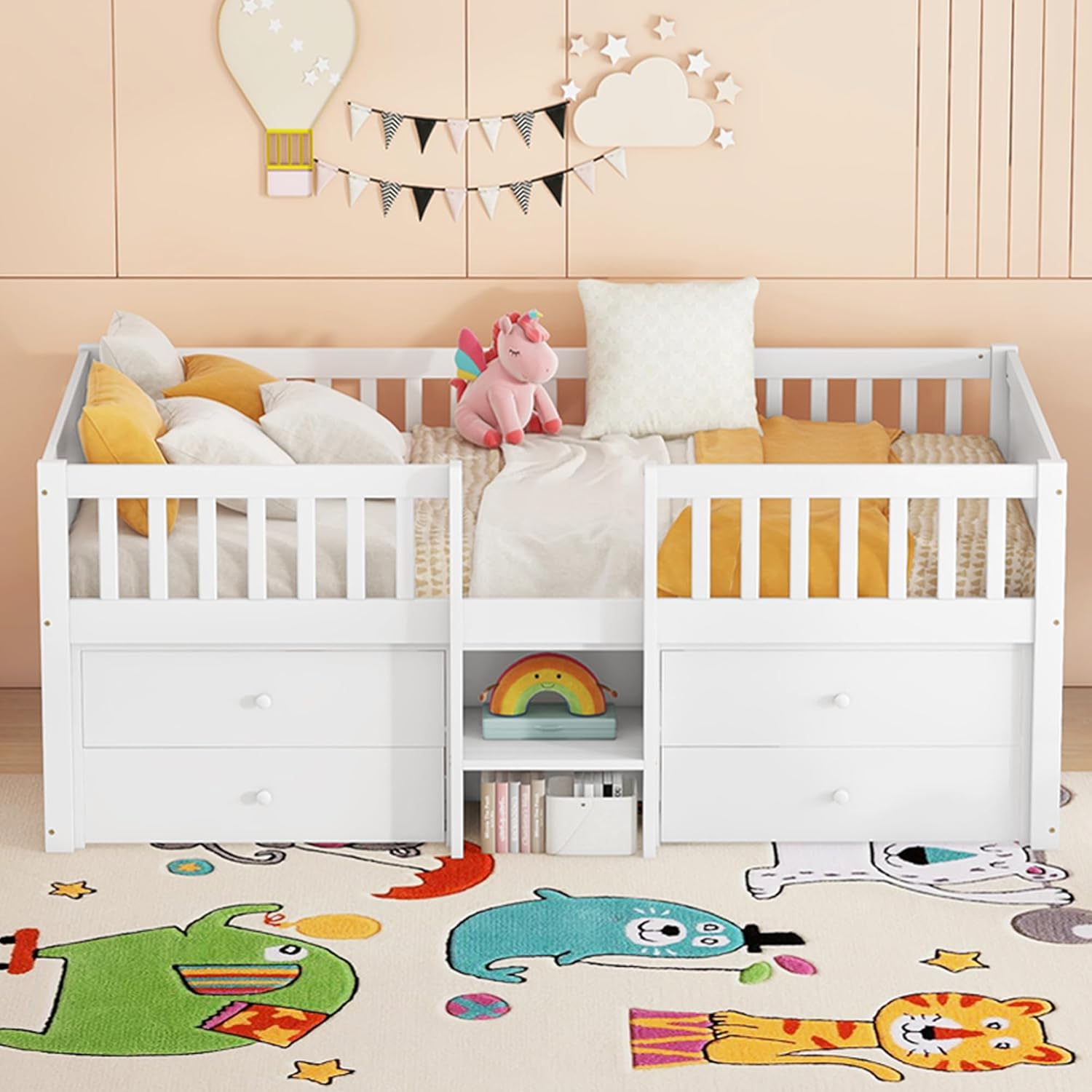 Merax Kinderbett 90x200 cm, Funktionsbett mit Stauraum, Holzbett mit Lattenrost & 4 Schubladen, Jugendbett mit Leiter und Rausfallschutz - Kiefer massivholz, ohne Matratze, weiß — Ansicht 3