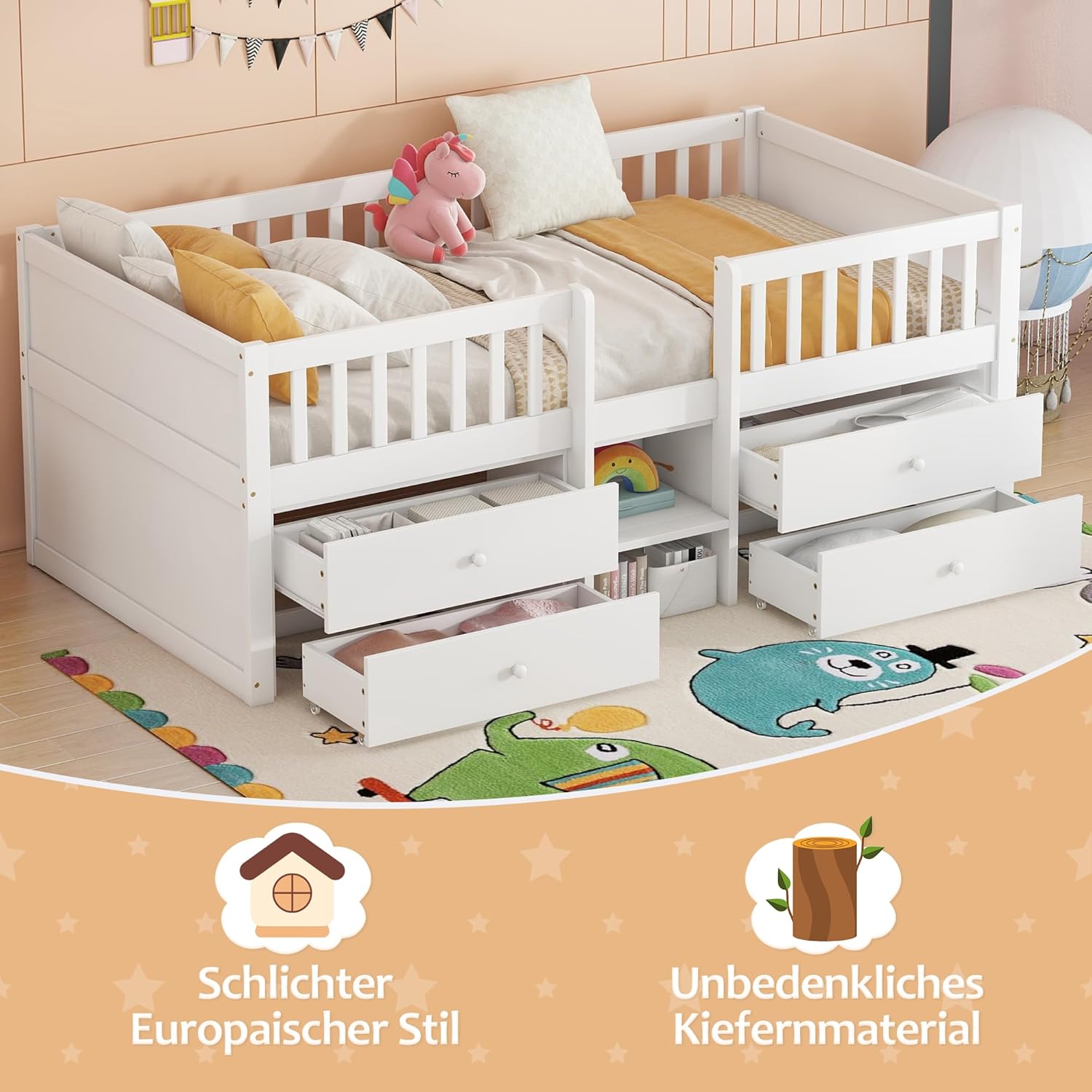Merax Kinderbett 90x200 cm, Funktionsbett mit Stauraum, Holzbett mit Lattenrost & 4 Schubladen, Jugendbett mit Leiter und Rausfallschutz - Kiefer massivholz, ohne Matratze, weiß — Ansicht 5