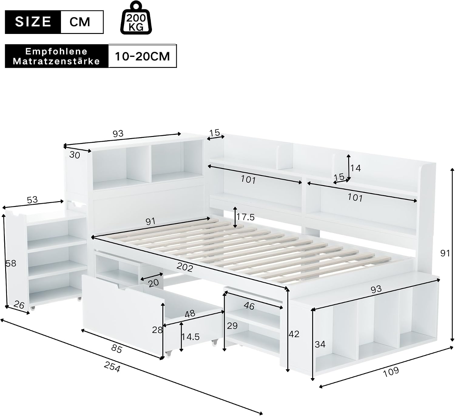 Merax Kinderbett 90x200 cm mit Stauraum, Einzelbett Funktionsbett Jugendbett mit Schubladen, Stauschrankgal, Bücherregal, Nachttisch, Ohne Matratze, Weiß/254x109x91cm — Ansicht 2