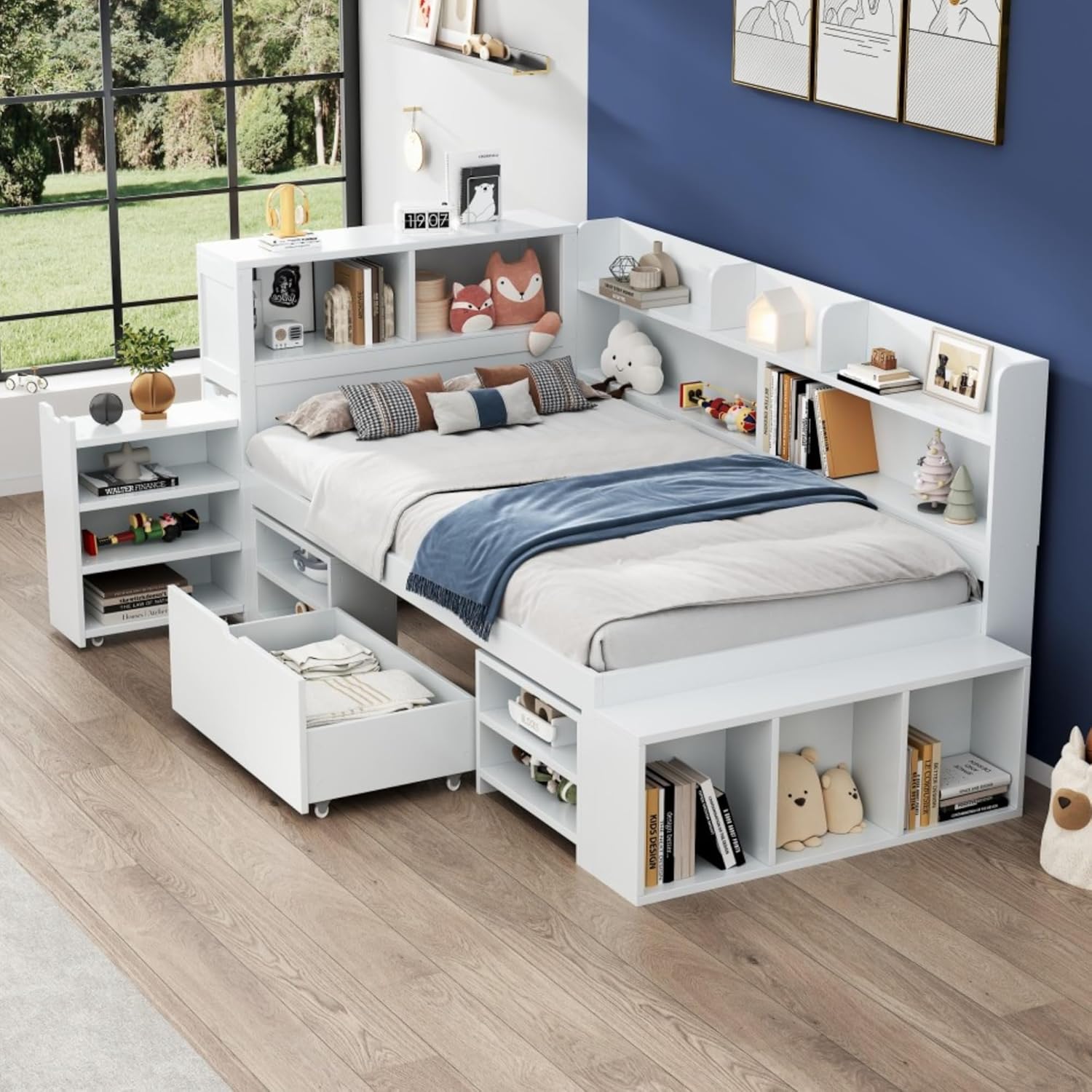 Merax Kinderbett 90x200 cm mit Stauraum, Einzelbett Funktionsbett Jugendbett mit Schubladen, Stauschrankgal, Bücherregal, Nachttisch, Ohne Matratze, Weiß/254x109x91cm — Ansicht 3
