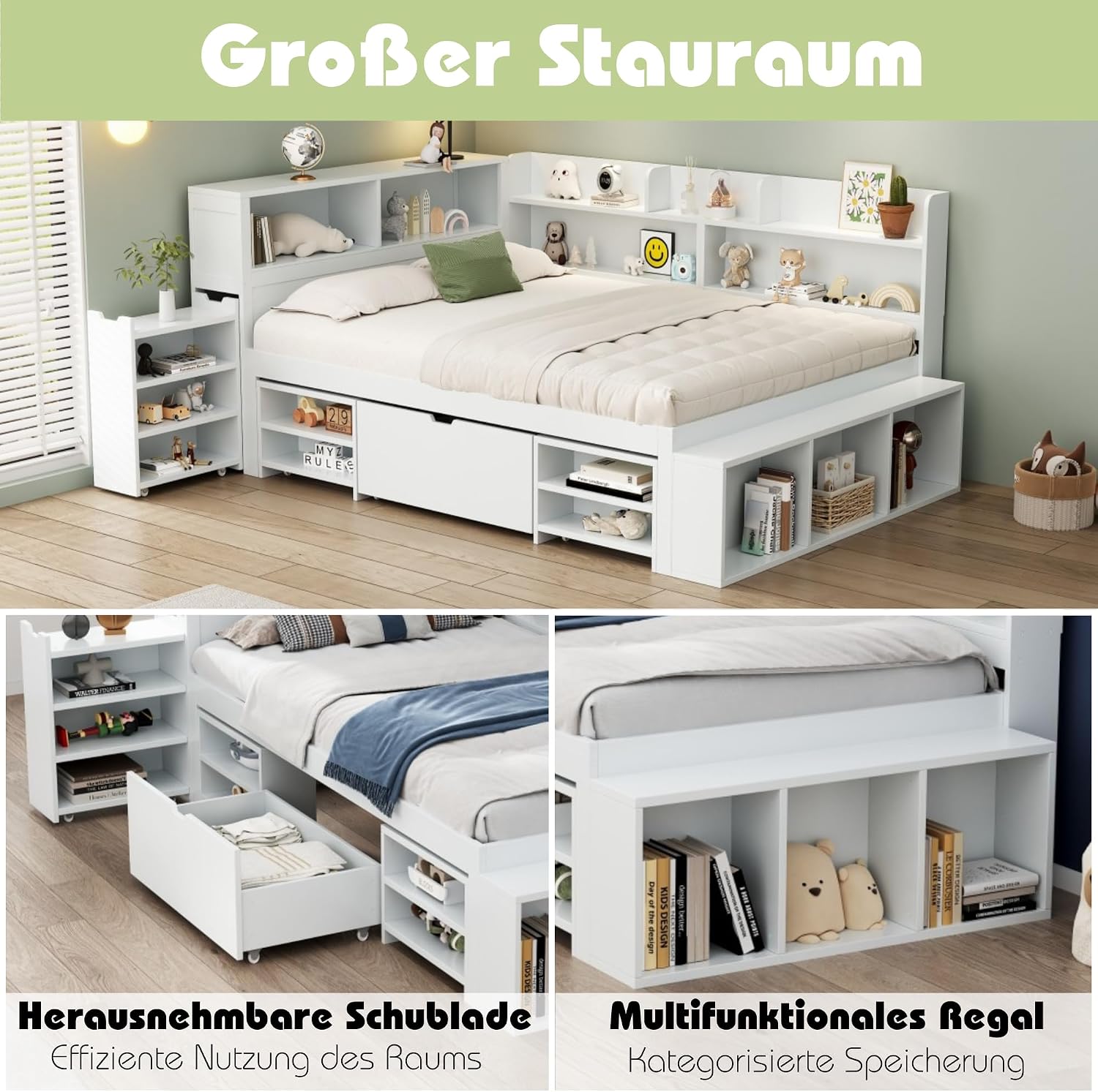 Merax Kinderbett 90x200 cm mit Stauraum, Einzelbett Funktionsbett Jugendbett mit Schubladen, Stauschrankgal, Bücherregal, Nachttisch, Ohne Matratze, Weiß/254x109x91cm — Ansicht 6