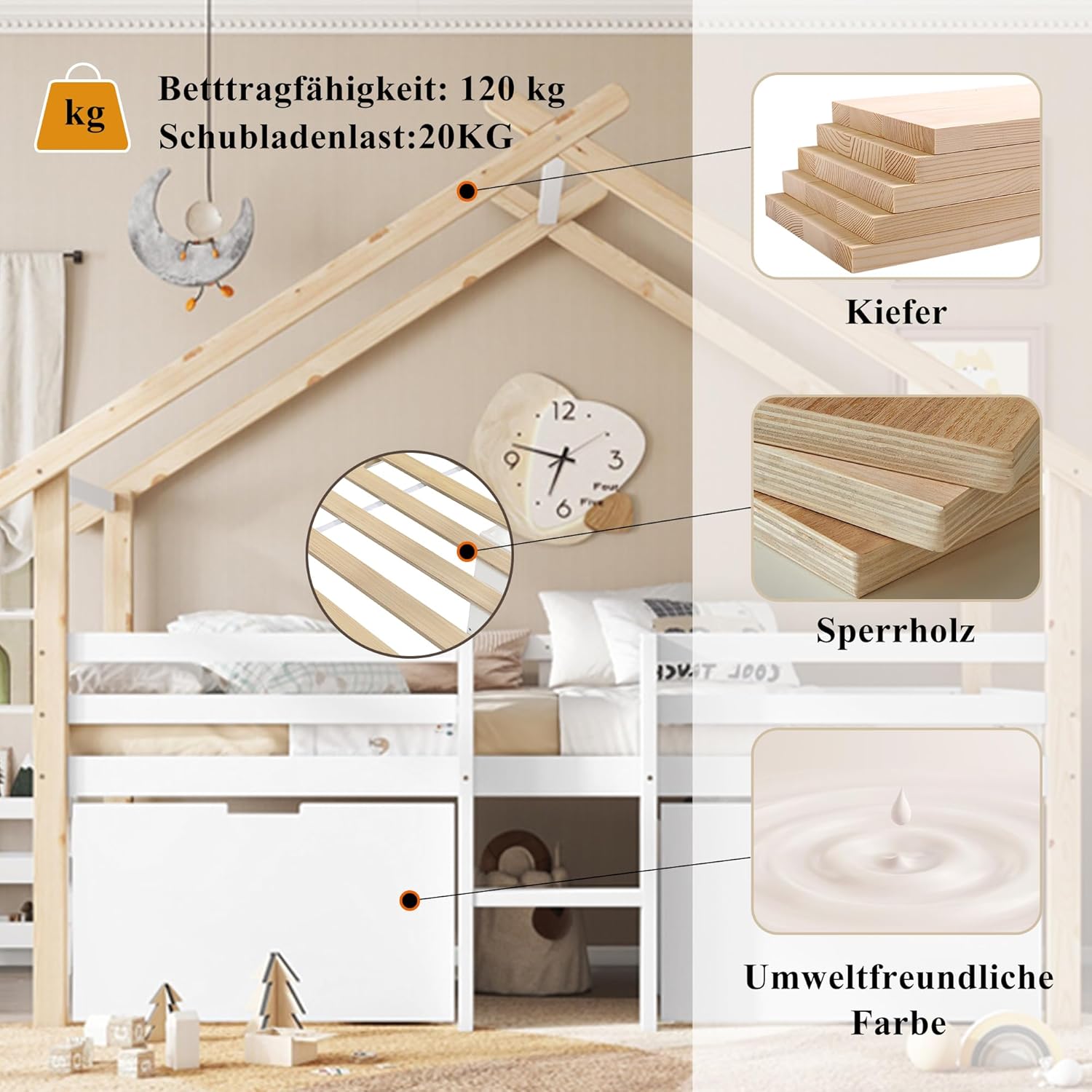 Merax Kinderbett 90x200cm, Hausbett mit 2 Schubladen & Kleine Leiter, Holzbett mit Rausfallschutz, Dach & Lattenrost, Stabiles Bettenhaus mit Vierseitiger Zaun, Halbhohes Bett für Mädchen/Jungen, Weiß — Ansicht 4