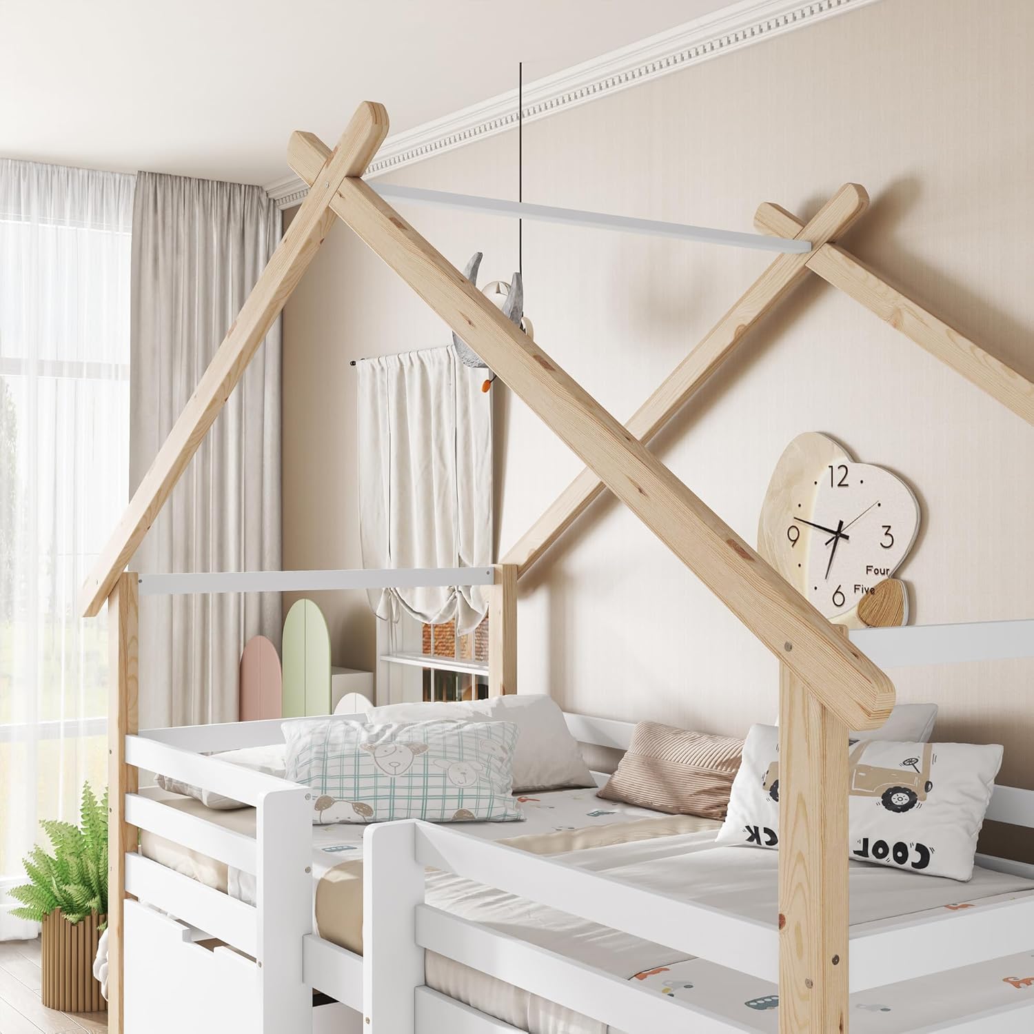 Merax Kinderbett 90x200cm, Hausbett mit 2 Schubladen & Kleine Leiter, Holzbett mit Rausfallschutz, Dach & Lattenrost, Stabiles Bettenhaus mit Vierseitiger Zaun, Halbhohes Bett für Mädchen/Jungen, Weiß — Ansicht 6