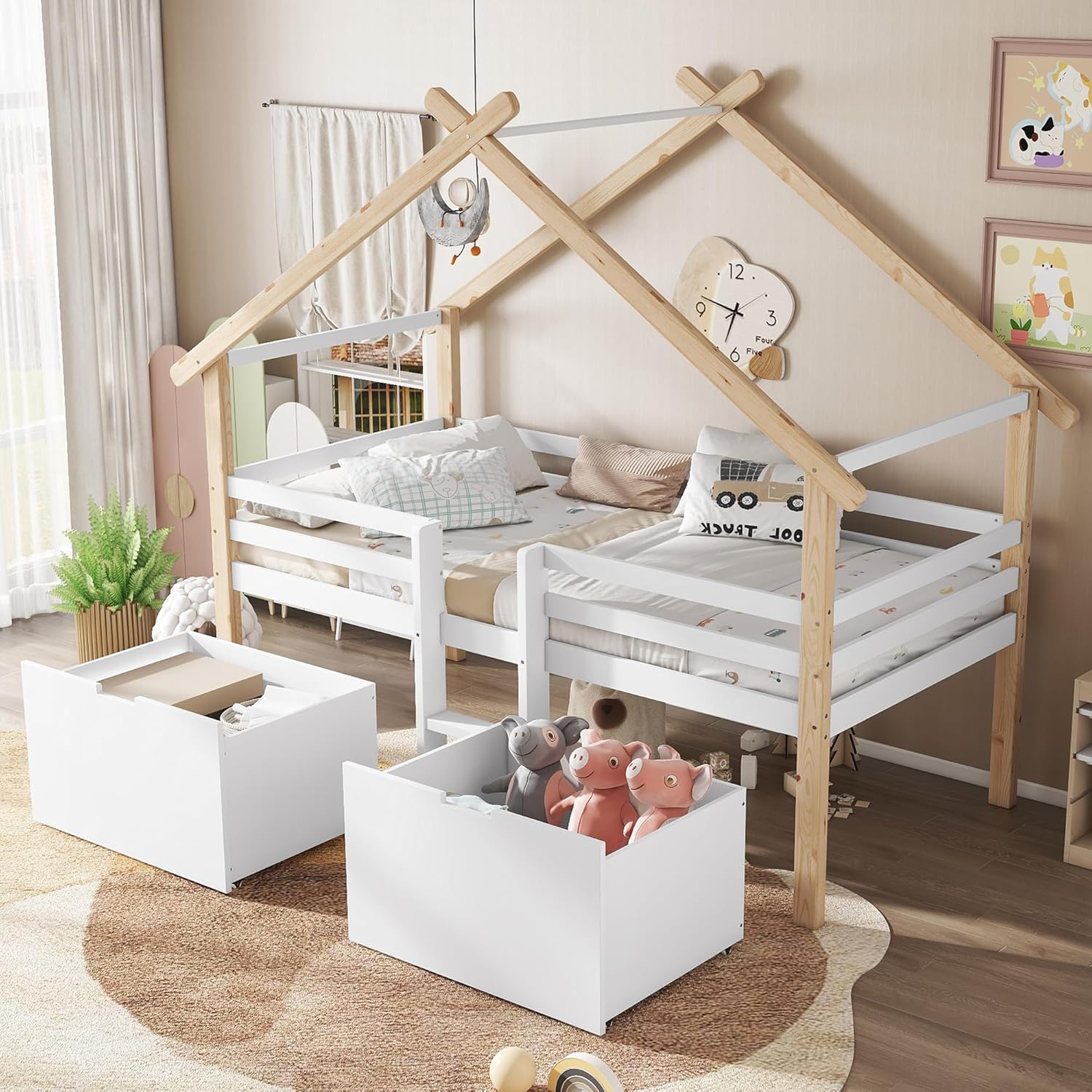 Merax Kinderbett 90x200cm, Hausbett mit 2 Schubladen & Kleine Leiter, Holzbett mit Rausfallschutz, Dach & Lattenrost, Stabiles Bettenhaus mit Vierseitiger Zaun, Halbhohes Bett für Mädchen/Jungen, Weiß