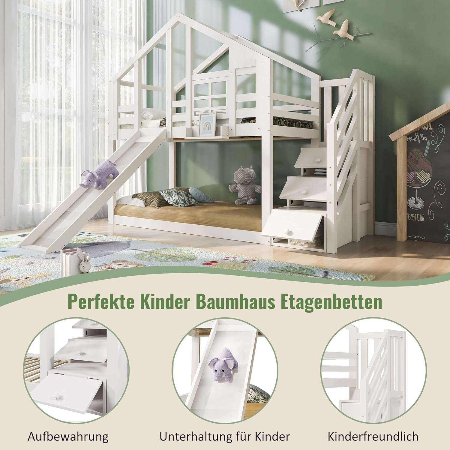 Merax Kinderbett Etagenbett 90x200cm Housebett Stockbett Hochbett mit Rutsche,Treppe Staufach Stauraum,Lattenrost,Rausfallschutz,mit Fenster, für 2 Kinder, Ohne Matratze,Weiß/254×96×207cm — Ansicht 3