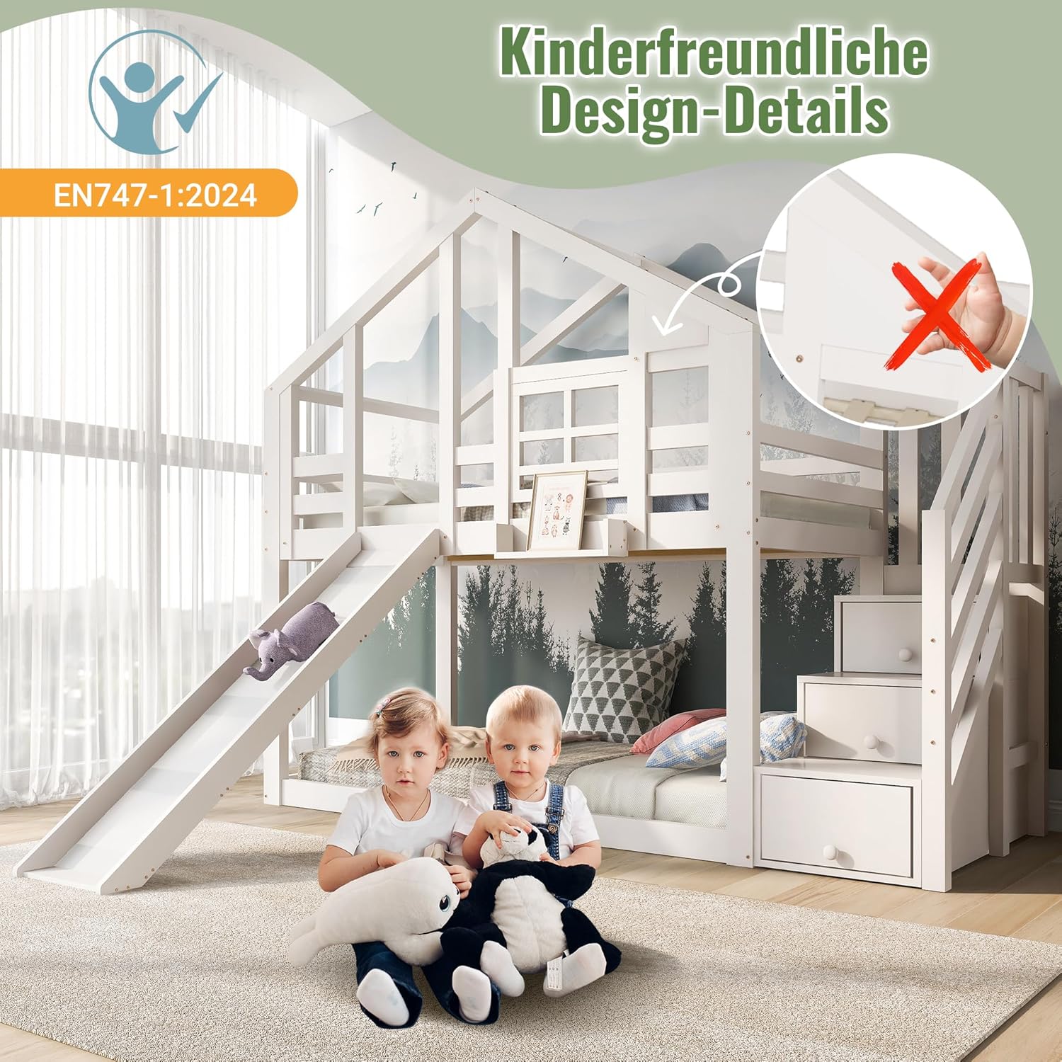Merax Kinderbett Etagenbett 90x200cm Housebett Stockbett Hochbett mit Rutsche,Treppe Staufach Stauraum,Lattenrost,Rausfallschutz,mit Fenster, für 2 Kinder, Ohne Matratze,Weiß/254×96×207cm — Ansicht 4