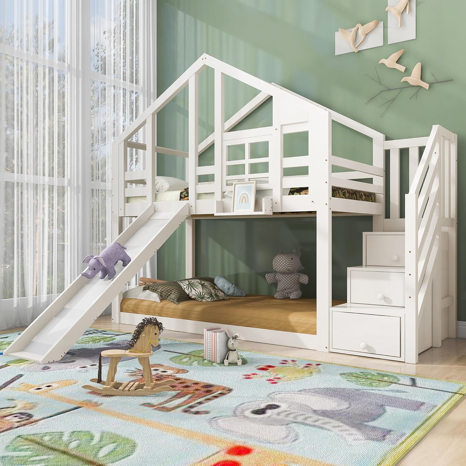 Merax Kinderbett Etagenbett 90x200cm Housebett Stockbett Hochbett mit Rutsche,Treppe Staufach Stauraum,Lattenrost,Rausfallschutz,mit Fenster, für 2 Kinder, Ohne Matratze,Weiß/254×96×207cm — Ansicht 6