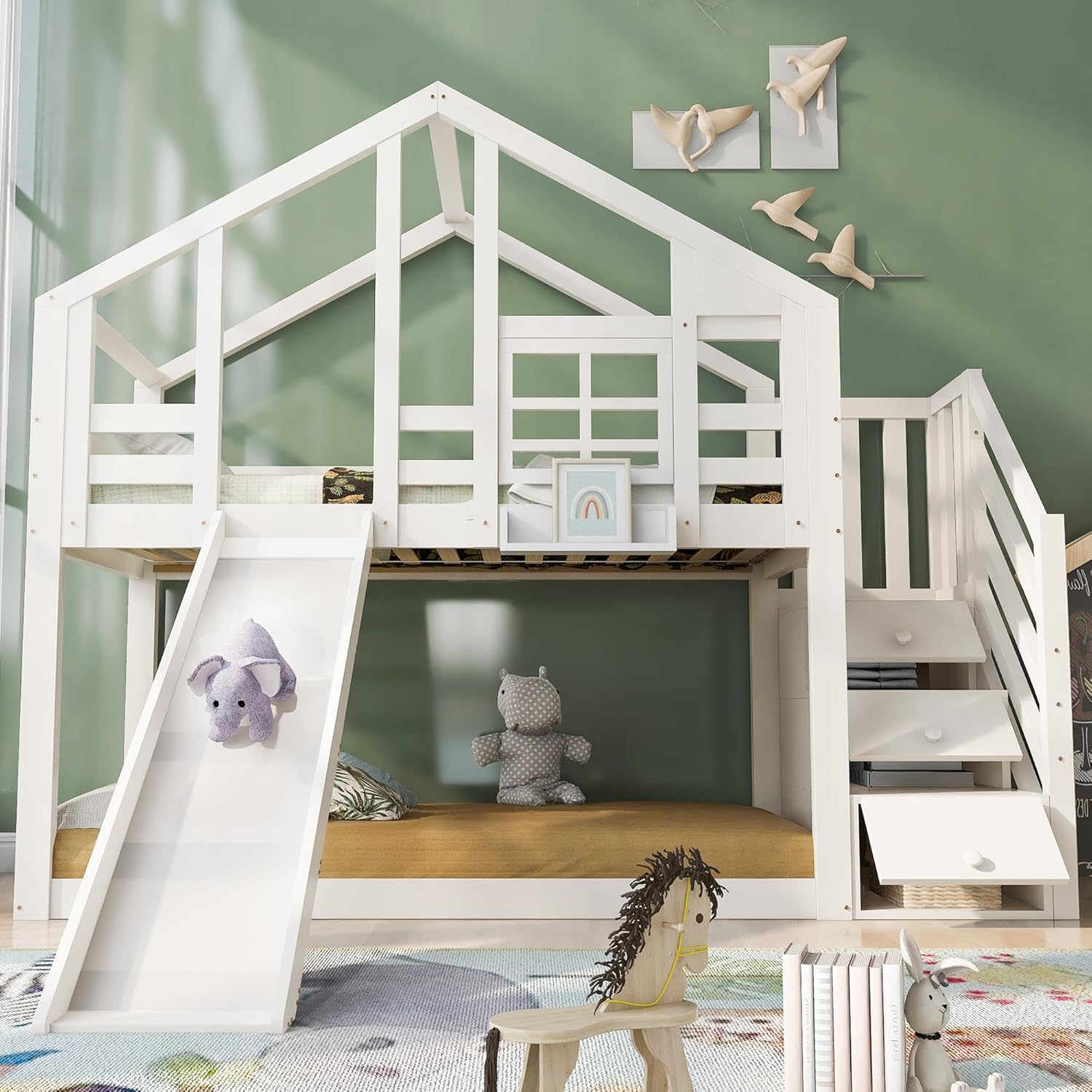 Merax Kinderbett Etagenbett 90x200cm Housebett Stockbett Hochbett mit Rutsche,Treppe Staufach Stauraum,Lattenrost,Rausfallschutz,mit Fenster, für 2 Kinder, Ohne Matratze,Weiß/254×96×207cm