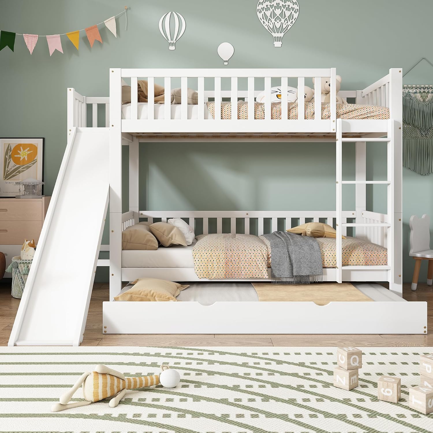 Merax Kinderbett Etagenbett mit Rutsche für 3 Kinder, Hochbett mit Rollbett und Lagerregal, Holzbett Stockbett Bettgestell mit Rausfallschutz und 3 Lattenrost, Familienbett, Weiß, 90x200/190 cm — Ansicht 3