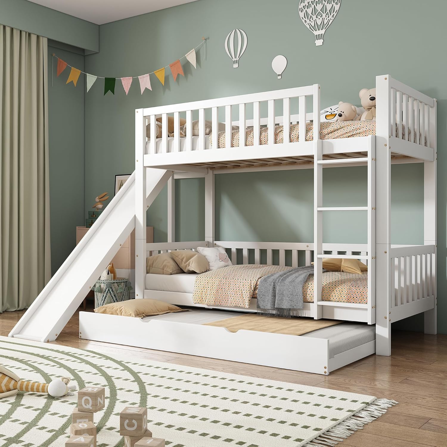 Merax Kinderbett Etagenbett mit Rutsche für 3 Kinder, Hochbett mit Rollbett und Lagerregal, Holzbett Stockbett Bettgestell mit Rausfallschutz und 3 Lattenrost, Familienbett, Weiß, 90x200/190 cm