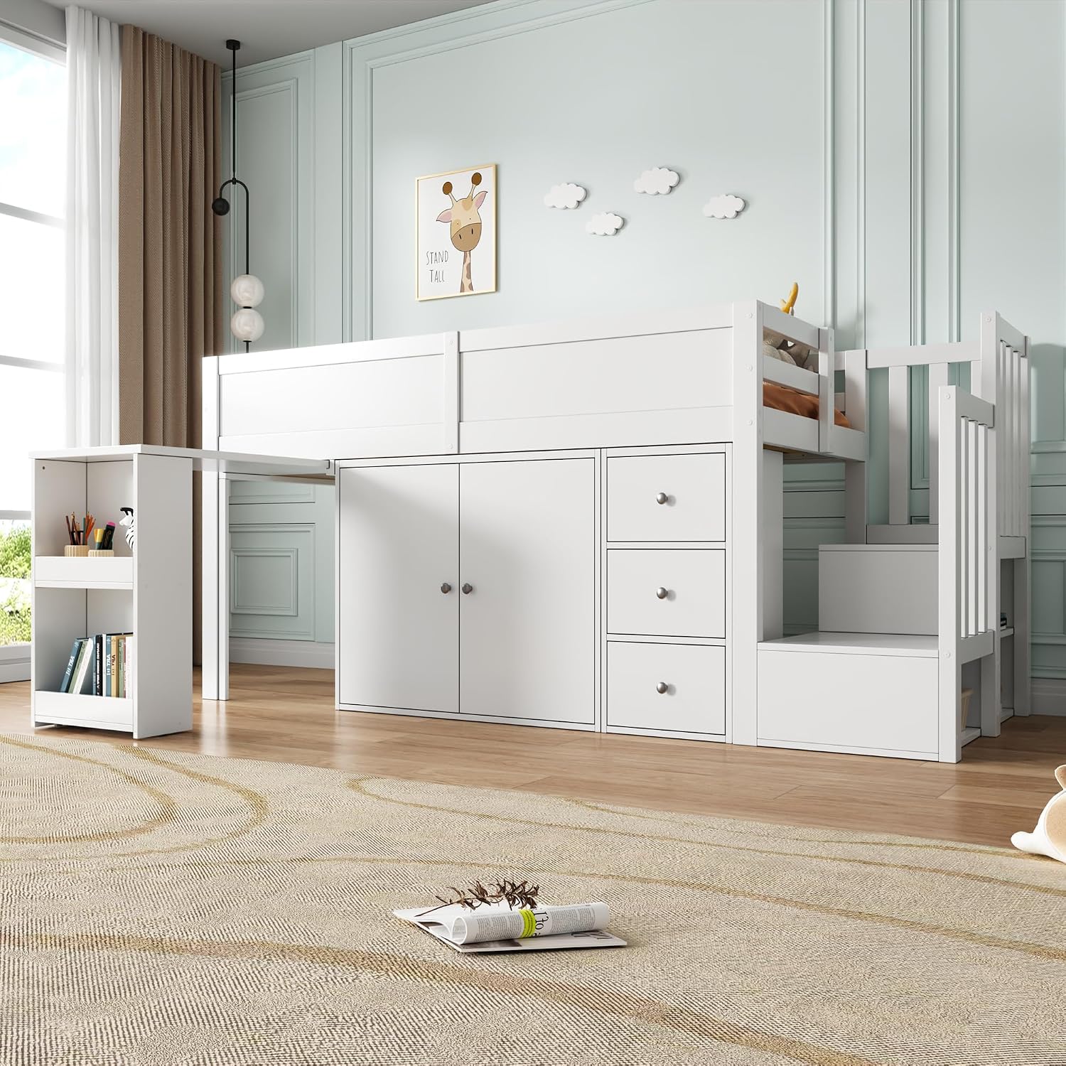 Merax Kinderbett Halbhochbett 90x200 cm,mit ausziehbarem Schreibtisch für Kinder&Schrank&Schubladen,Hochbett mit Treppe Staufach Stauraum,Lattenrost,Rausfallschutz,Ohne Matratze,Weiß/250x95x111cm — Ansicht 3