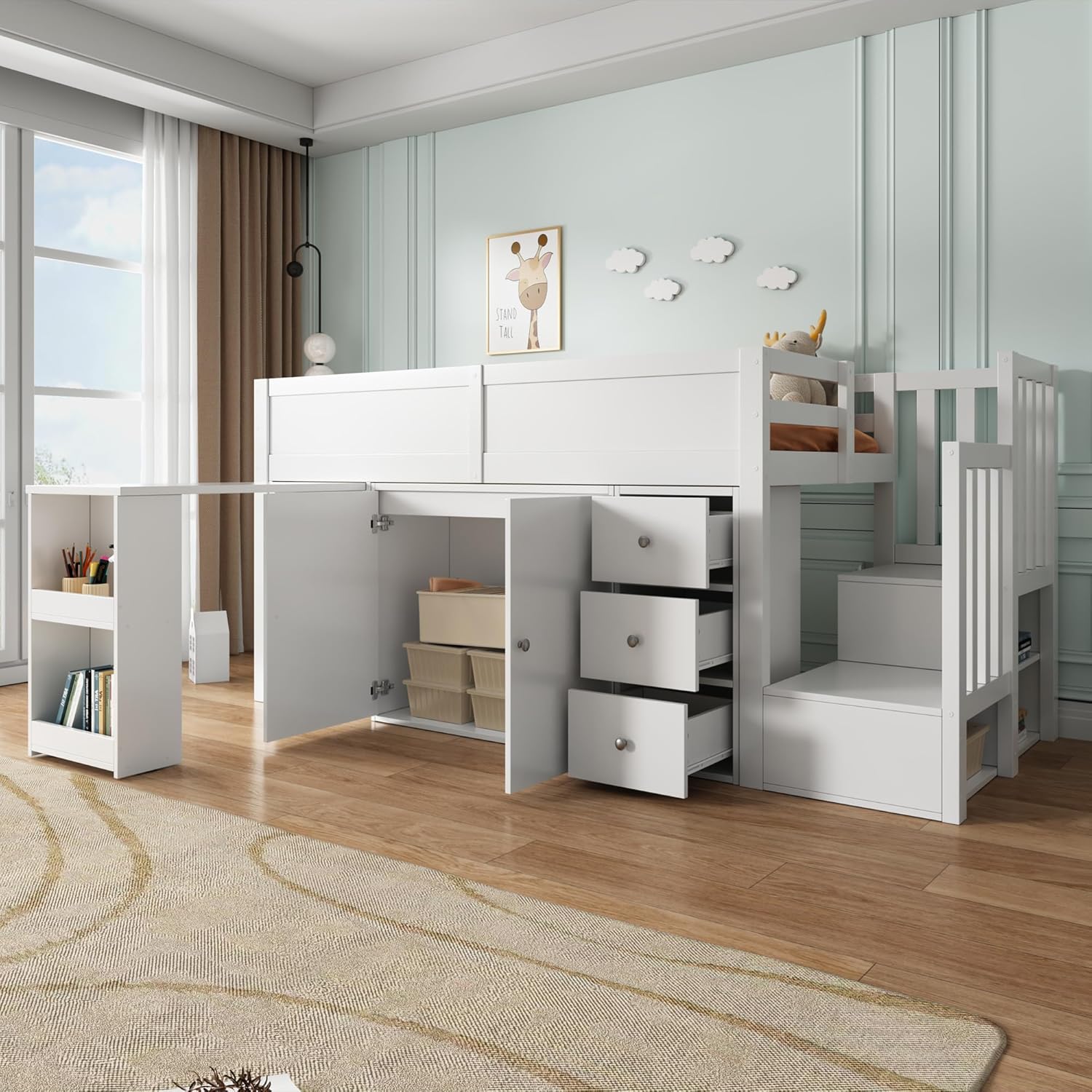 Merax Kinderbett Halbhochbett 90x200 cm,mit ausziehbarem Schreibtisch für Kinder&Schrank&Schubladen,Hochbett mit Treppe Staufach Stauraum,Lattenrost,Rausfallschutz,Ohne Matratze,Weiß/250x95x111cm — Ansicht 4