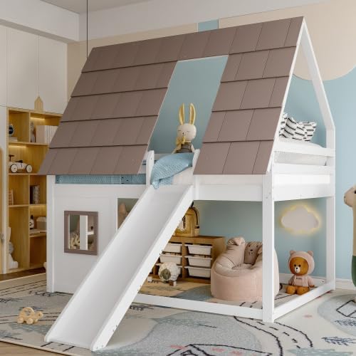 Merax Kinderbett Hochbett 140x200 cm – Hausbett mit Dach, Leiter und Rutsche, Etagenbett aus massivem Holz, Weiß+Braun – Spiel- & Schlafbereich für Kinder — Ansicht 4