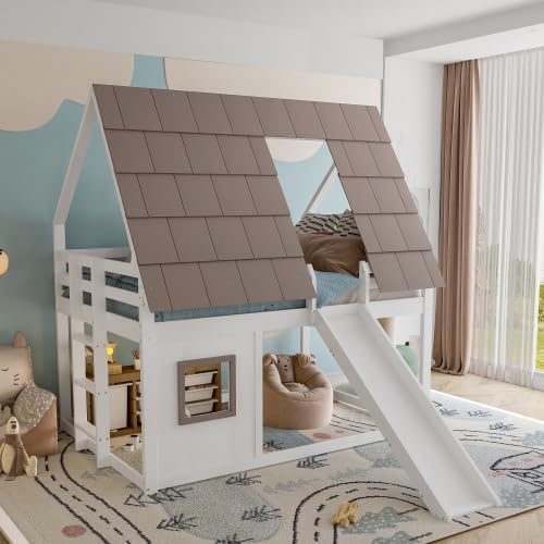 Merax Kinderbett Hochbett 140x200 cm – Hausbett mit Dach, Leiter und Rutsche, Etagenbett aus massivem Holz, Weiß+Braun – Spiel- & Schlafbereich für Kinder — Ansicht 5