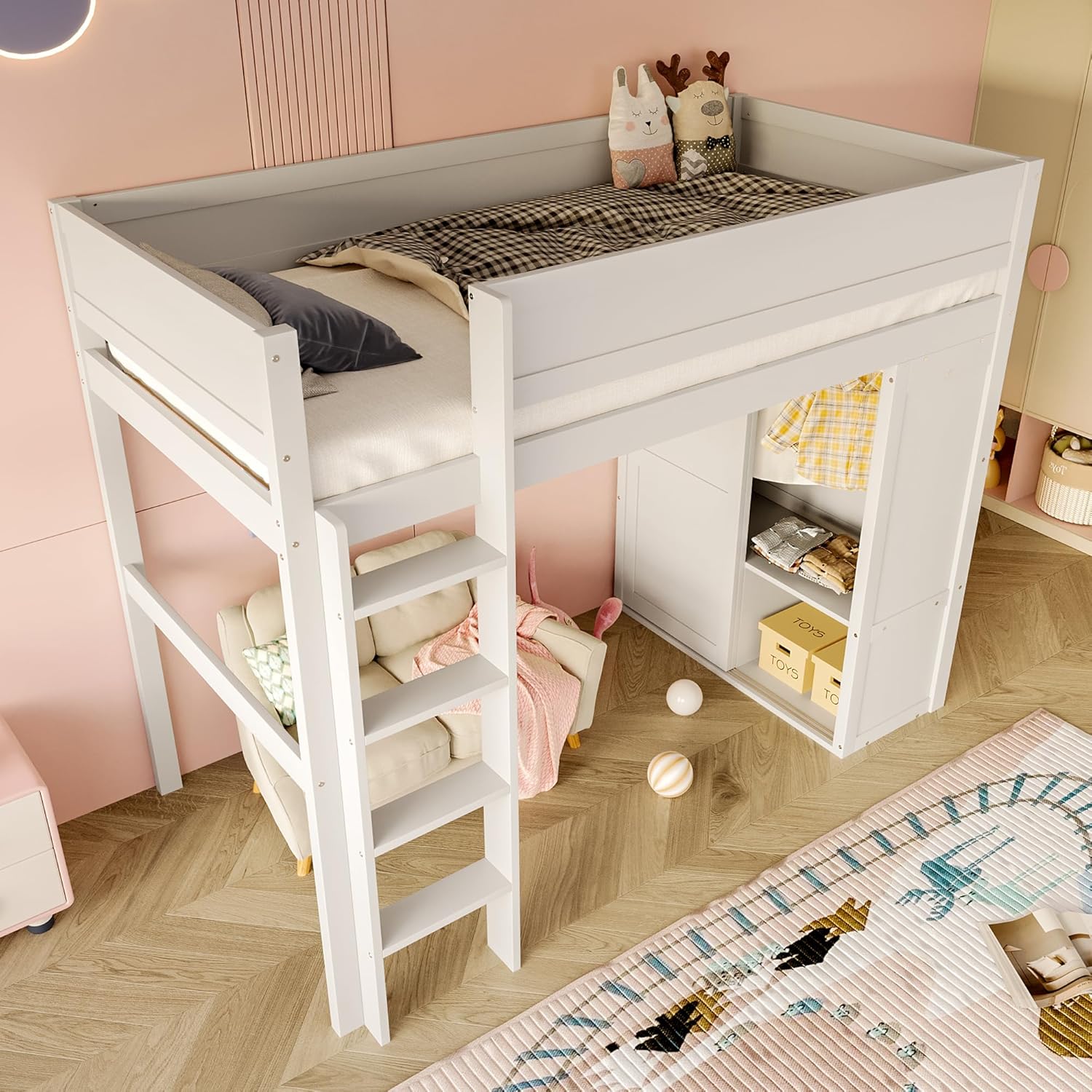 Merax Kinderbett Hochbett 90x200 cm mit Kleiderschrank, Staufach und offener Unterbettraum, aus Kiefernholz, Bettgestell mit Lattenrost(ohne Matratze) für Kinderzimmer, Weiß — Ansicht 3