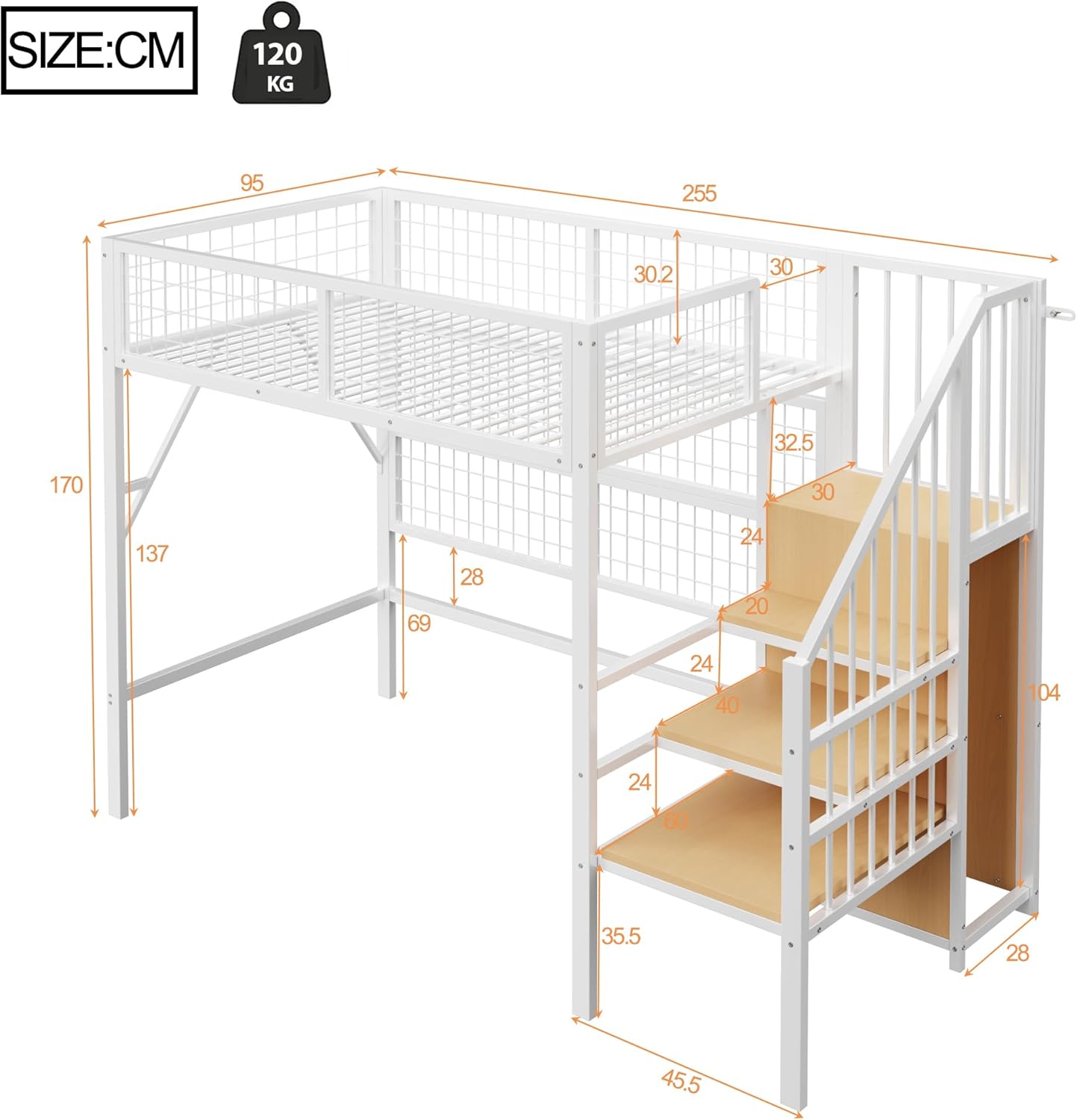 Merax Kinderbett Hochbett 90x200 cm, mit LED, Treppe Staufach Stauraum und offenem Kleiderschrank, Jugend Metall Spielbett mit Wandgitter, Ohne Matratze, Weiß/255×95×170cm — Ansicht 2