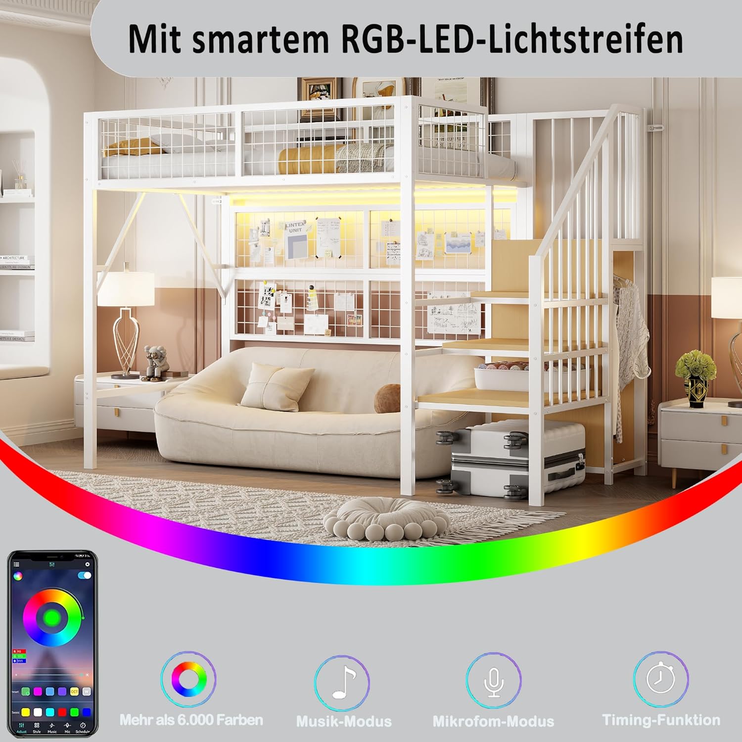 Merax Kinderbett Hochbett 90x200 cm, mit LED, Treppe Staufach Stauraum und offenem Kleiderschrank, Jugend Metall Spielbett mit Wandgitter, Ohne Matratze, Weiß/255×95×170cm — Ansicht 5