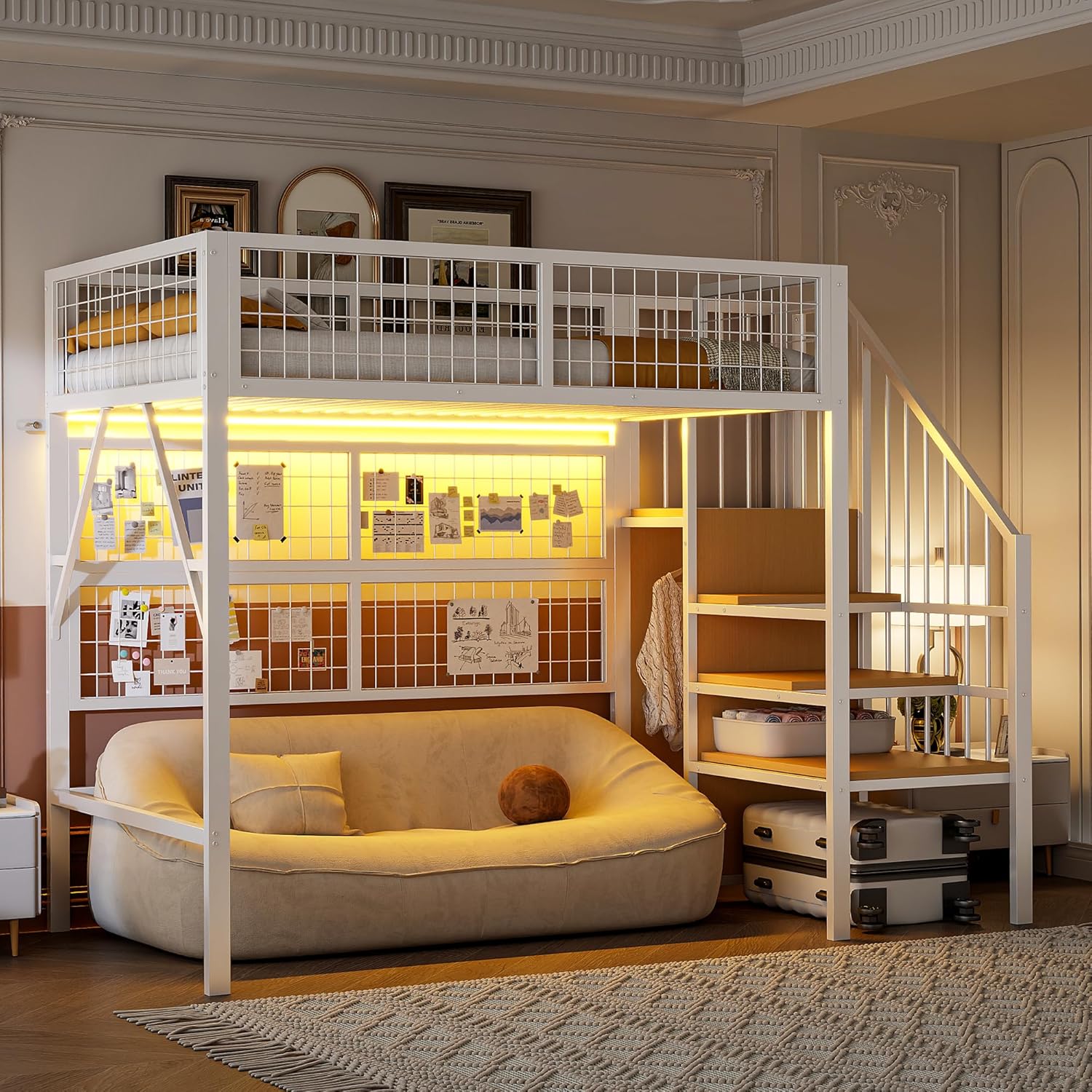 Merax Kinderbett Hochbett 90x200 cm, mit LED, Treppe Staufach Stauraum und offenem Kleiderschrank, Jugend Metall Spielbett mit Wandgitter, Ohne Matratze, Weiß/255×95×170cm