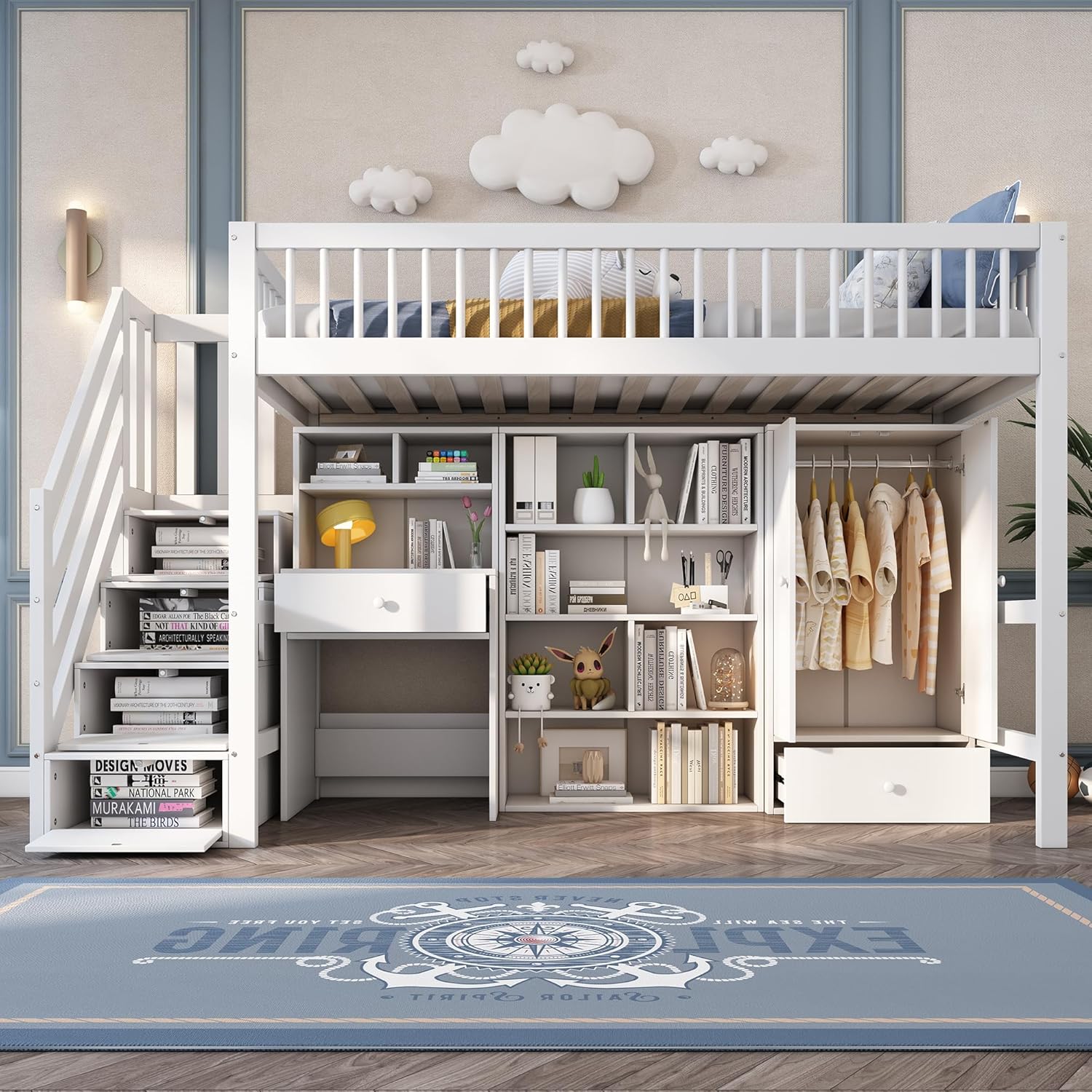 Merax Kinderbett Hochbett 90x200cm, mit Treppe Staufach Stauraum,Kleiderschrank,Schreibtisch und Bücherschrank, Etagenbett mit Lattenrost,Rausfallschutz, Ohne Matratze,Weiß/252.5×95×150cm — Ansicht 3