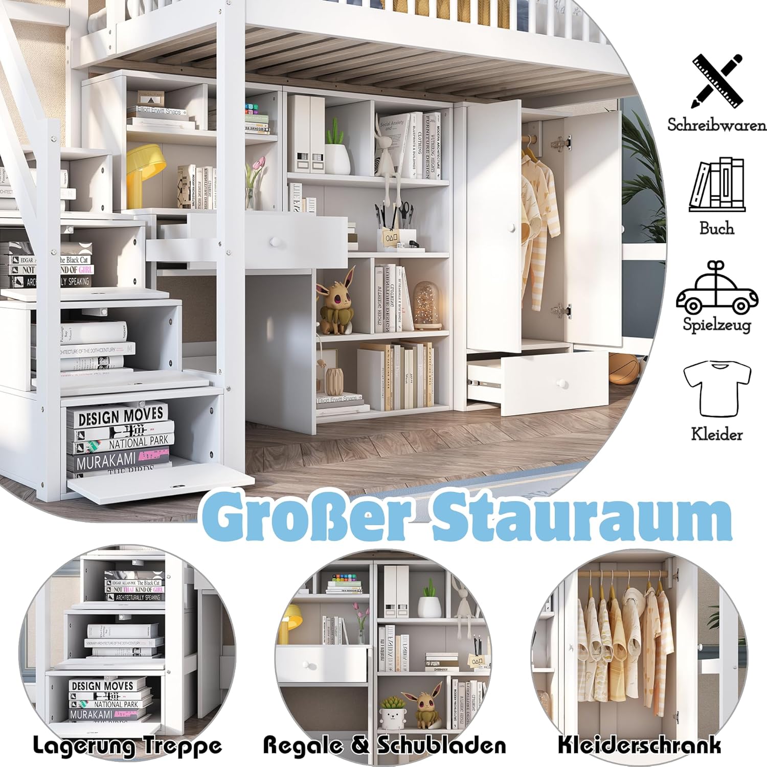 Merax Kinderbett Hochbett 90x200cm, mit Treppe Staufach Stauraum,Kleiderschrank,Schreibtisch und Bücherschrank, Etagenbett mit Lattenrost,Rausfallschutz, Ohne Matratze,Weiß/252.5×95×150cm — Ansicht 4
