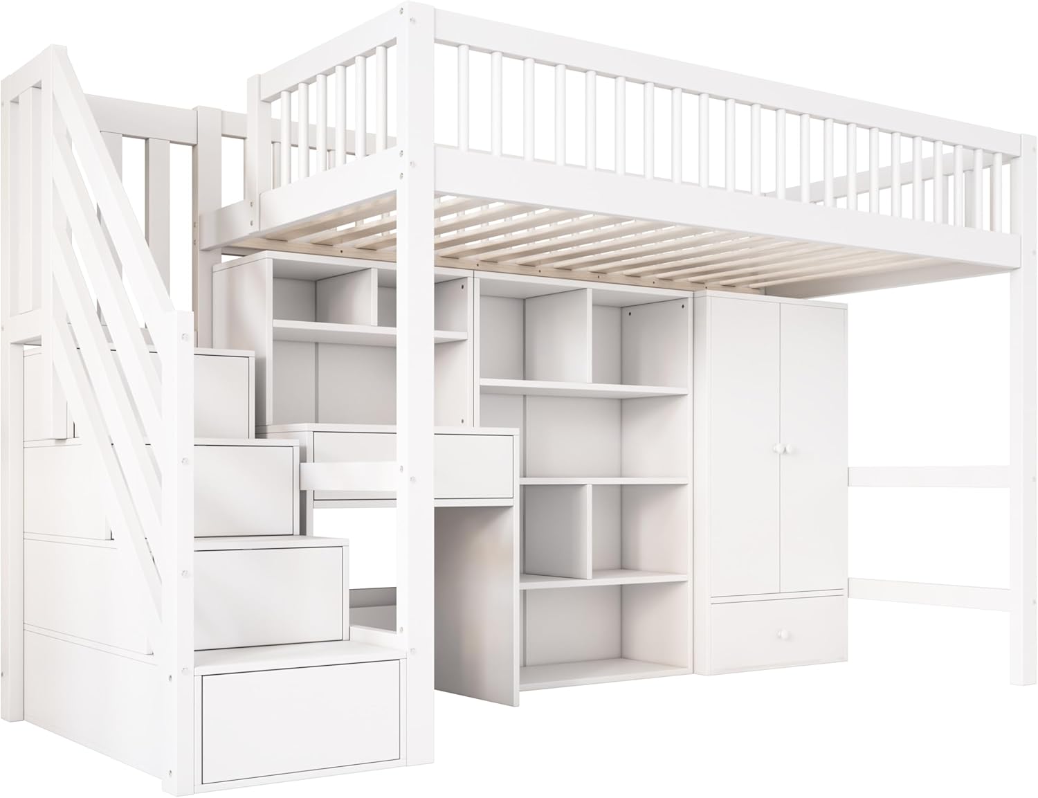 Merax Kinderbett Hochbett 90x200cm, mit Treppe Staufach Stauraum,Kleiderschrank,Schreibtisch und Bücherschrank, Etagenbett mit Lattenrost,Rausfallschutz, Ohne Matratze,Weiß/252.5×95×150cm — Ansicht 5