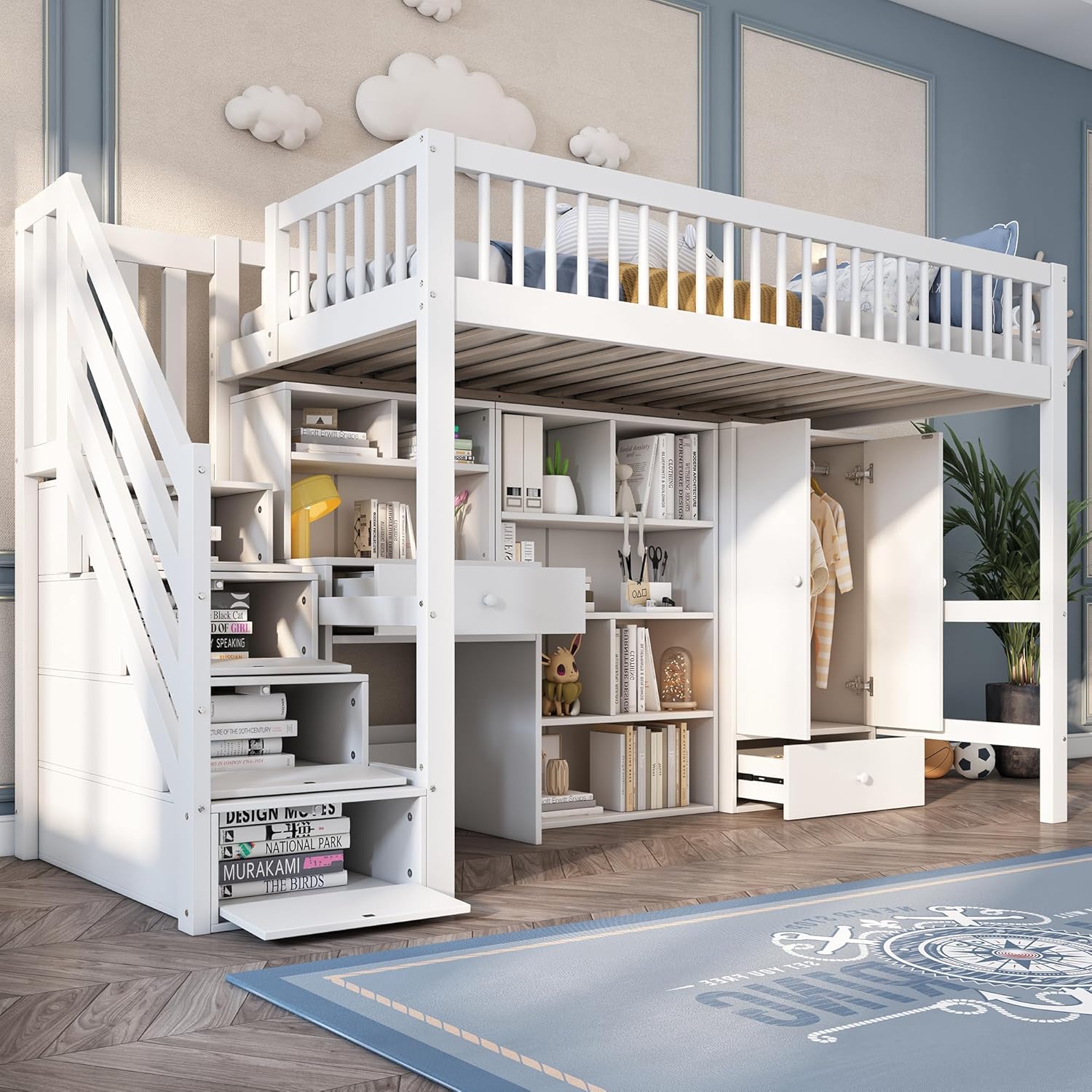 Merax Kinderbett Hochbett 90x200cm, mit Treppe Staufach Stauraum,Kleiderschrank,Schreibtisch und Bücherschrank, Etagenbett mit Lattenrost,Rausfallschutz, Ohne Matratze,Weiß/252.5×95×150cm