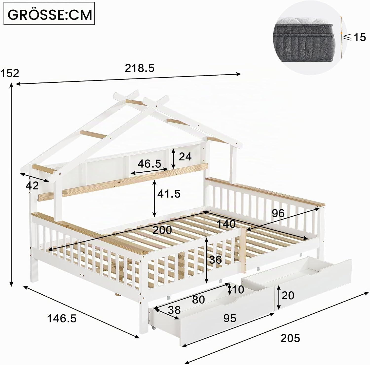 Merax Kinderbett Jugendbett 140x200cm, Hausbett mit Schubladen und Lagerregal, Doppelbett mit Rausfallschutz und Lattenrost, Dachdesign, Multifunktionales Tagesbett für Jungen und Mädchen, Weiß&Natur — Ansicht 2