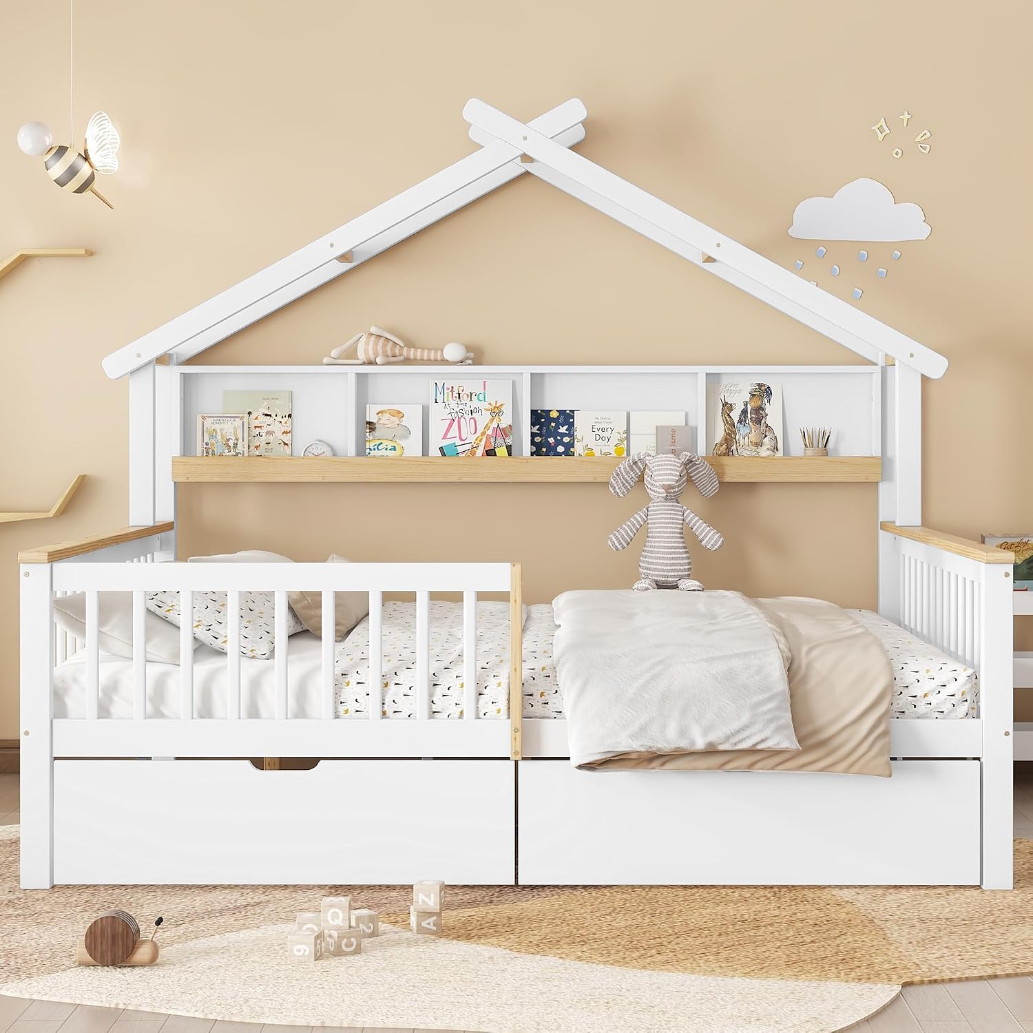 Merax Kinderbett Jugendbett 140x200cm, Hausbett mit Schubladen und Lagerregal, Doppelbett mit Rausfallschutz und Lattenrost, Dachdesign, Multifunktionales Tagesbett für Jungen und Mädchen, Weiß&Natur — Ansicht 3