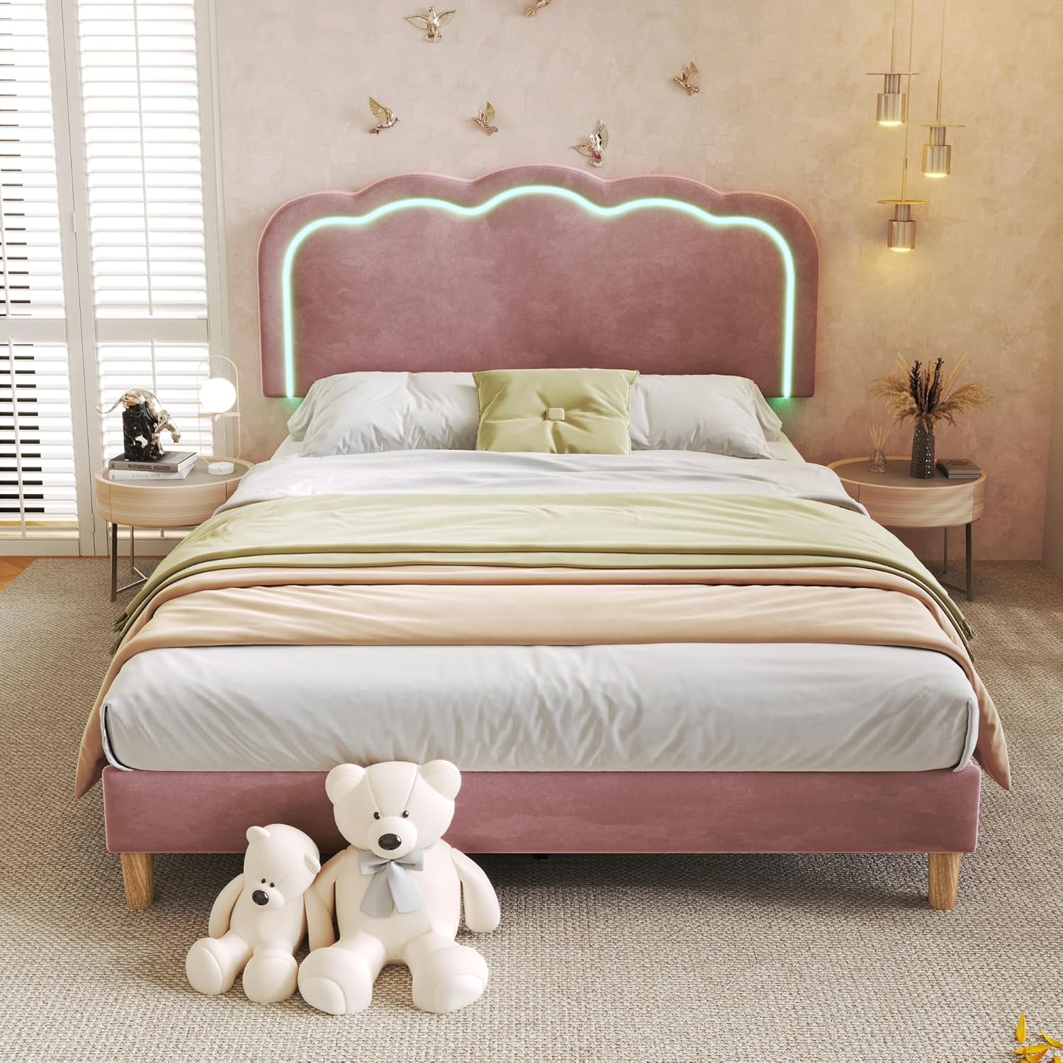 Merax Kinderbett Polsterbett 140x200cm, Doppelbett Bettgestell mit Lattenrost & Verstellbares Kopfteil, süßes Jugendbett mit LED-Kopfteil in Puff-Form, Bettrahmen, Leinenmaterial, ohne Matratze, Rosa — Ansicht 3
