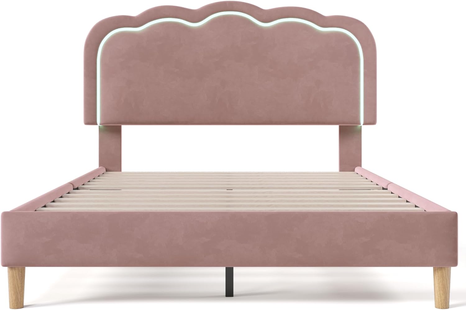Merax Kinderbett Polsterbett 140x200cm, Doppelbett Bettgestell mit Lattenrost & Verstellbares Kopfteil, süßes Jugendbett mit LED-Kopfteil in Puff-Form, Bettrahmen, Leinenmaterial, ohne Matratze, Rosa — Ansicht 4