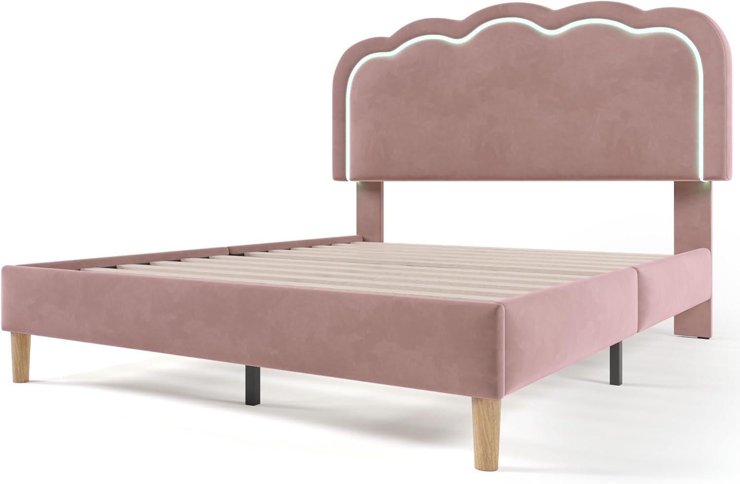 Merax Kinderbett Polsterbett 140x200cm, Doppelbett Bettgestell mit Lattenrost & Verstellbares Kopfteil, süßes Jugendbett mit LED-Kopfteil in Puff-Form, Bettrahmen, Leinenmaterial, ohne Matratze, Rosa — Ansicht 5