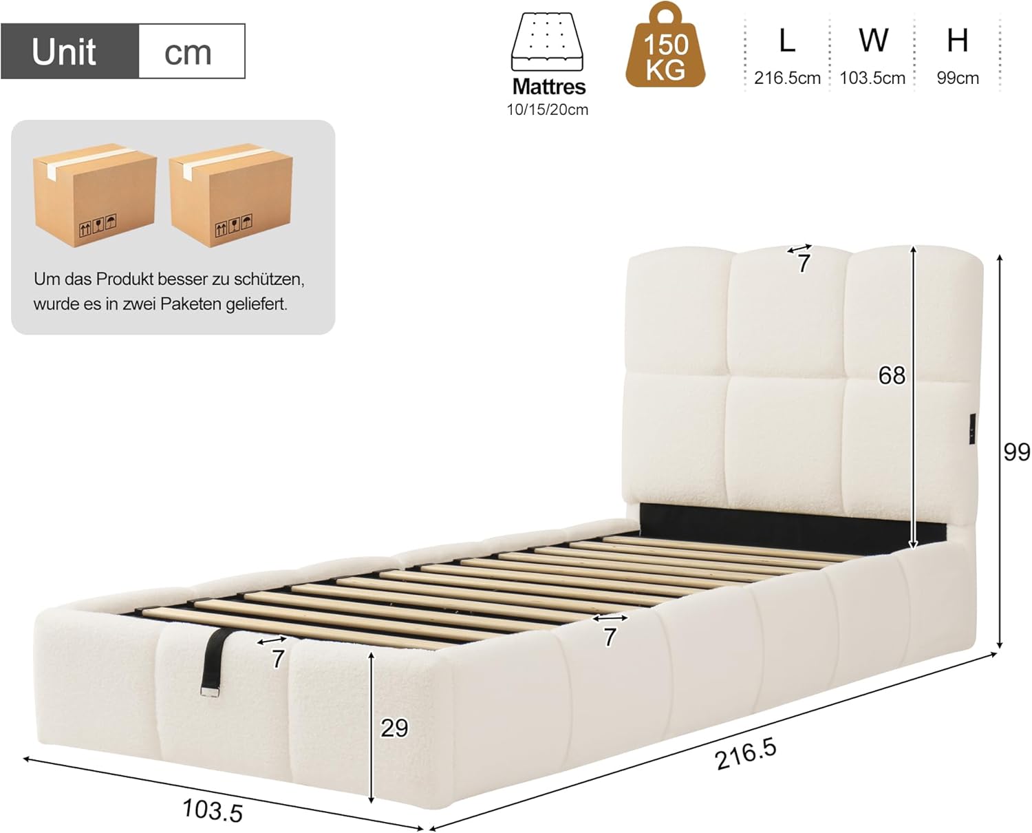 Merax Kinderbett Polsterbett 90x200cm hydraulisches Funktionsbett, mit Lattenrost, gepolstertes Kopfteil, USB-Ladeanschluss, Bouclé, Beige(ohne Matratze) — Ansicht 2