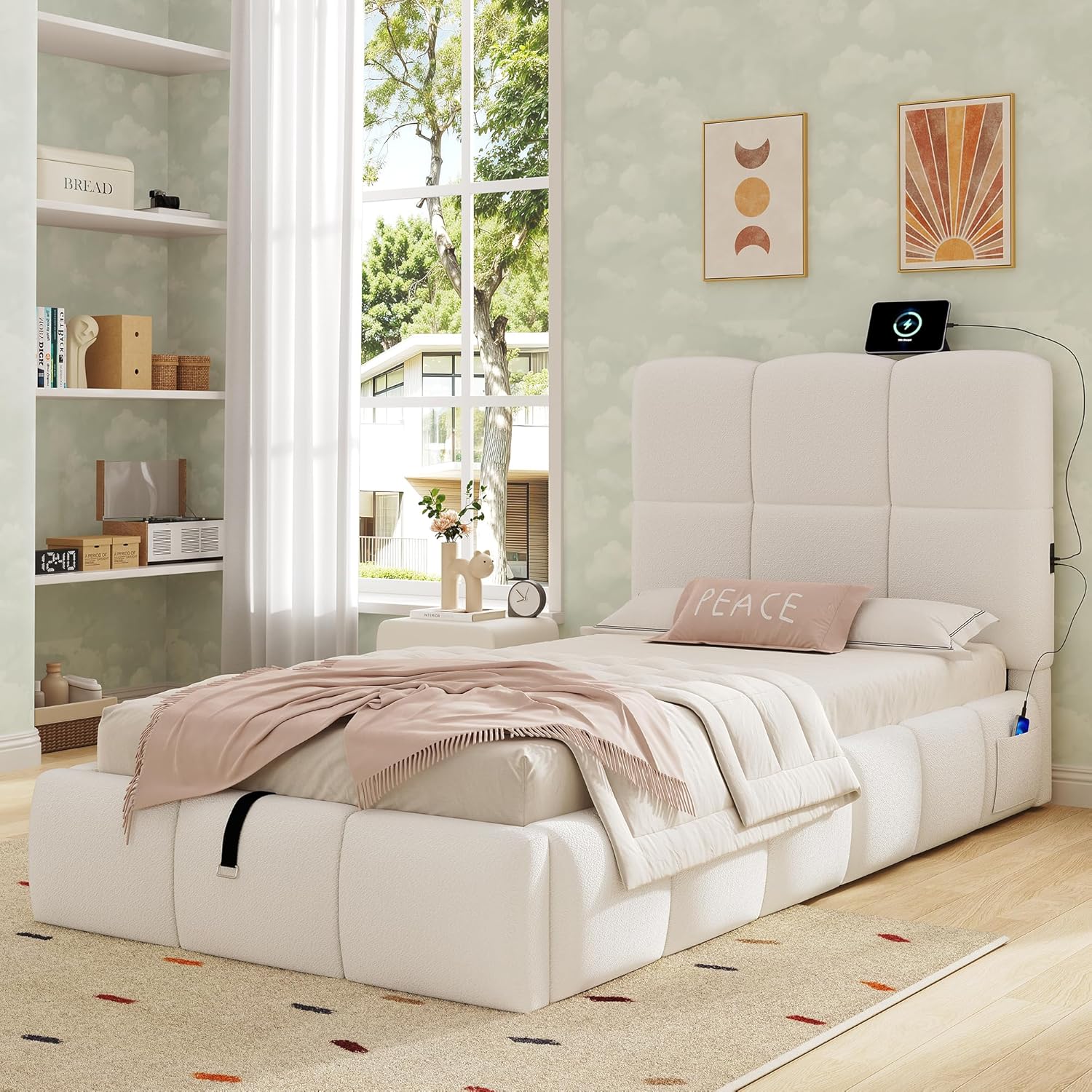 Merax Kinderbett Polsterbett 90x200cm hydraulisches Funktionsbett, mit Lattenrost, gepolstertes Kopfteil, USB-Ladeanschluss, Bouclé, Beige(ohne Matratze) — Ansicht 3