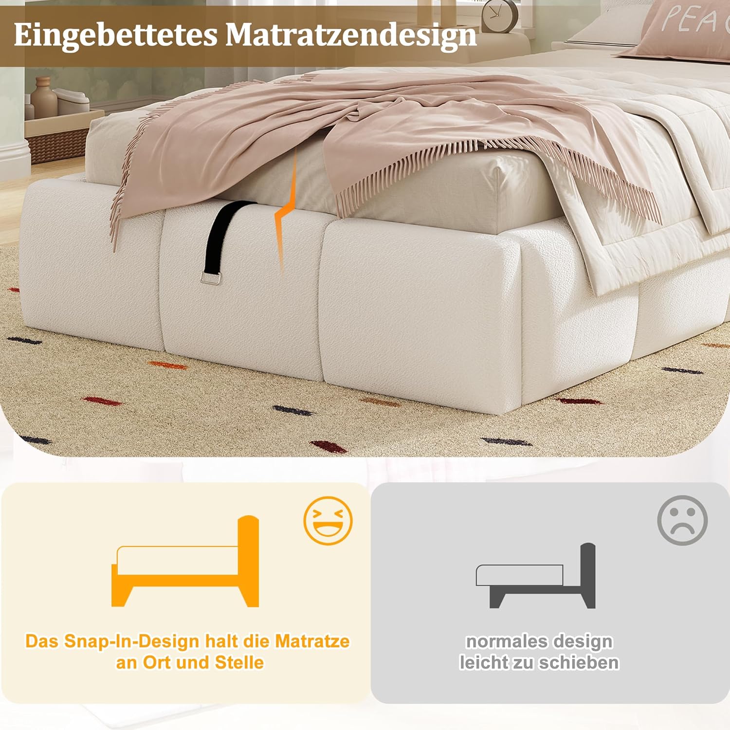 Merax Kinderbett Polsterbett 90x200cm hydraulisches Funktionsbett, mit Lattenrost, gepolstertes Kopfteil, USB-Ladeanschluss, Bouclé, Beige(ohne Matratze) — Ansicht 4