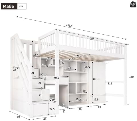 Merax Kinderhochbett 90x200 cm, Weiß, Multifunktionales Etagenbett mit Schreibtisch, Treppe, Kleiderschrank, Aufbewahrungsschubladen, Massivholz + MDF, Ohne Matratze — Ansicht 2