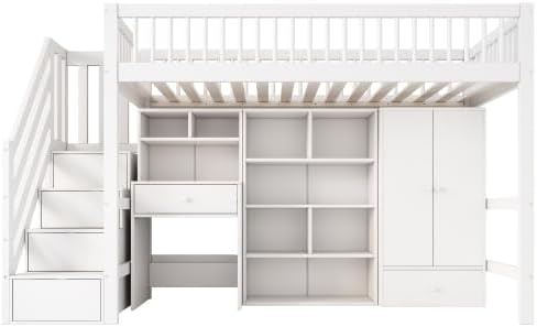 Merax Kinderhochbett 90x200 cm, Weiß, Multifunktionales Etagenbett mit Schreibtisch, Treppe, Kleiderschrank, Aufbewahrungsschubladen, Massivholz + MDF, Ohne Matratze — Ansicht 4