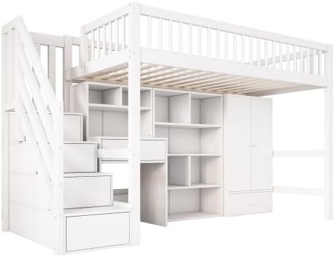 Merax Kinderhochbett 90x200 cm, Weiß, Multifunktionales Etagenbett mit Schreibtisch, Treppe, Kleiderschrank, Aufbewahrungsschubladen, Massivholz + MDF, Ohne Matratze — Ansicht 5