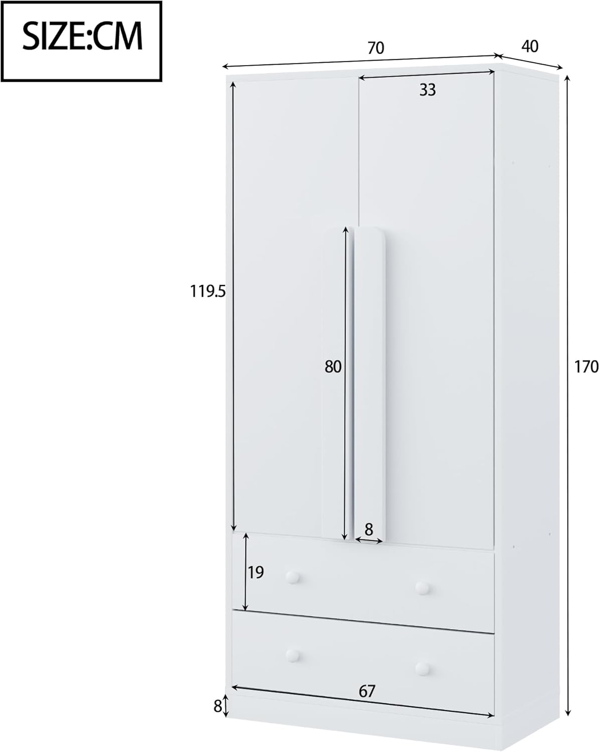 Merax Kleiderschrank 70L x 40B x 170H cm, Multifonctionnel Kleiderschränke mit Schubladen und Ablagefächern, Weiß — Ansicht 2