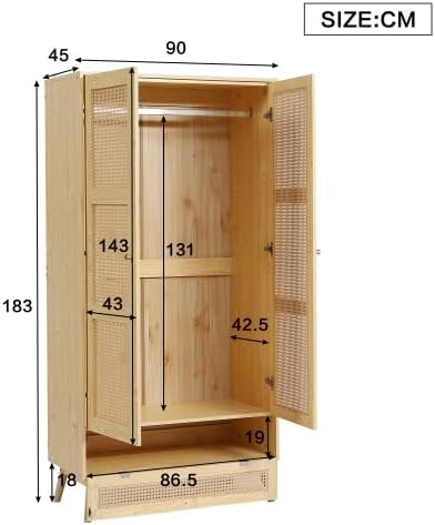 Merax Kleiderschrank Landhausstil Natur 90x45x183 cm – Vintage Holz Schrank mit Rattan, 2 Türen, Kleiderstange & Flip-Top-Deckel – Begehbarer Kleiderschrank/Garderobenschrank — Ansicht 2