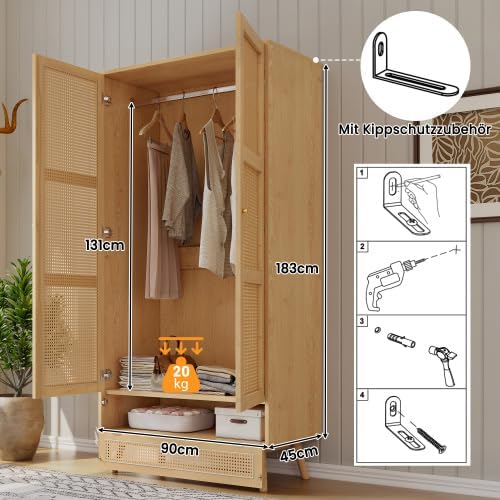 Merax Kleiderschrank Landhausstil Natur 90x45x183 cm – Vintage Holz Schrank mit Rattan, 2 Türen, Kleiderstange & Flip-Top-Deckel – Begehbarer Kleiderschrank/Garderobenschrank — Ansicht 4