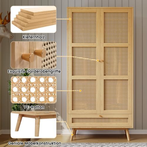 Merax Kleiderschrank Landhausstil Natur 90x45x183 cm – Vintage Holz Schrank mit Rattan, 2 Türen, Kleiderstange & Flip-Top-Deckel – Begehbarer Kleiderschrank/Garderobenschrank — Ansicht 5