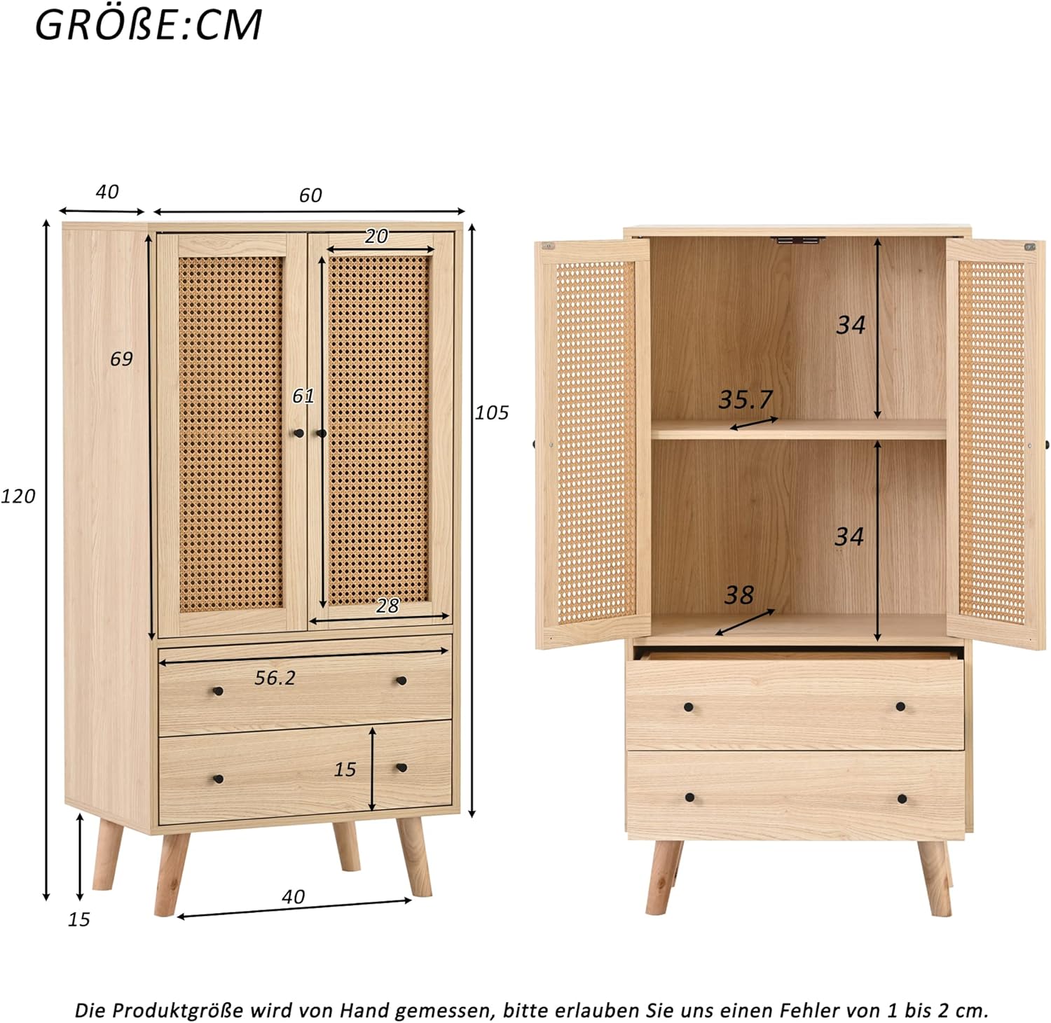 Merax Kommode mit 2 große Schubladen und 2 Türen, Badezimmerschrank aus Holz mit Rattan Türen, Highboard Küchenschrank Bücherschrank, für Schlafzimmer & Wohnräume & Büro, Offwhite, 60 x 40 x 120 cm — Ansicht 2