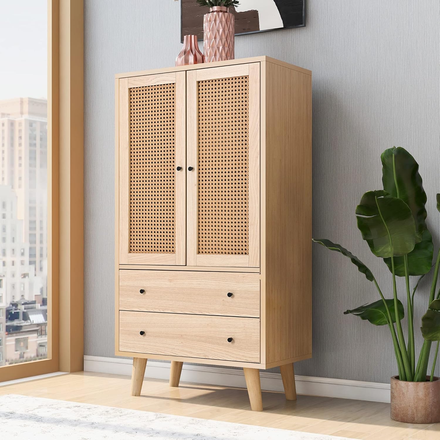 Merax Kommode mit 2 große Schubladen und 2 Türen, Badezimmerschrank aus Holz mit Rattan Türen, Highboard Küchenschrank Bücherschrank, für Schlafzimmer & Wohnräume & Büro, Offwhite, 60 x 40 x 120 cm — Ansicht 3