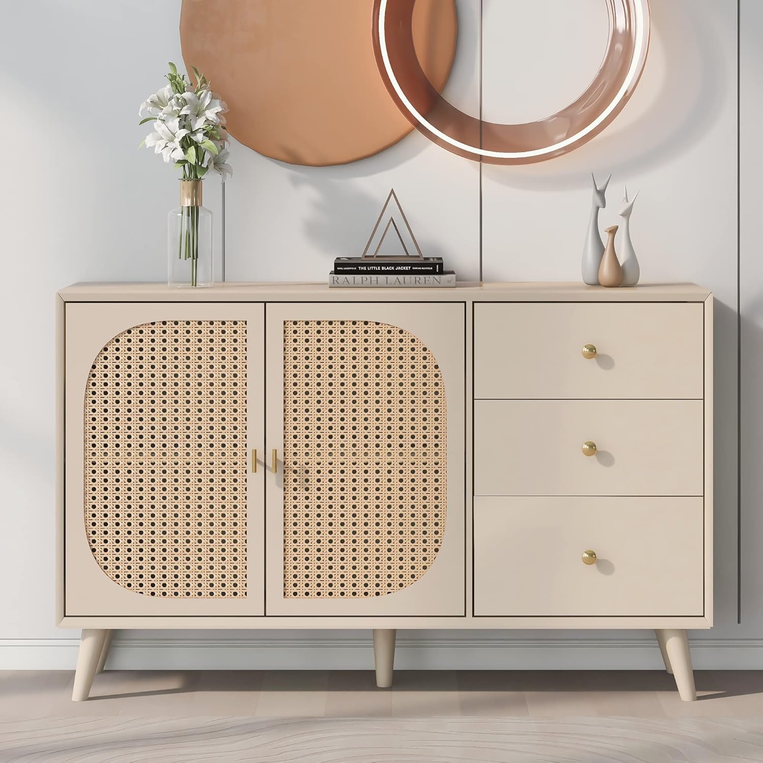 Merax Kommode mit 3 Schubladen und 2 Türen, Rattan Sideboard Schubladenschrank aus Holz, Highboard TV-Tisch mit viel Stauraum, für Schlafzimmer & Wohnräume & Büro, Offwhite, 120 x 40 x 82,5 cm