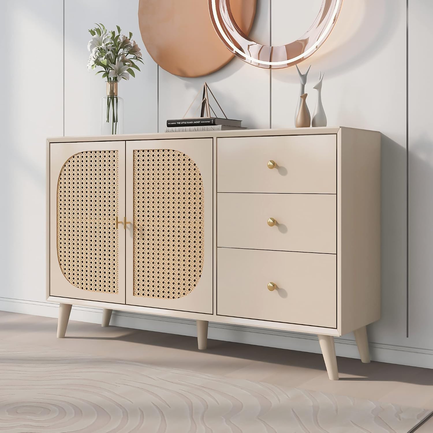 Merax Kommode mit 3 Schubladen und 2 Türen, Rattan Sideboard Schubladenschrank aus Holz, Highboard TV-Tisch mit viel Stauraum, für Schlafzimmer & Wohnräume & Büro, Offwhite, 120 x 40 x 82,5 cm — Ansicht 3