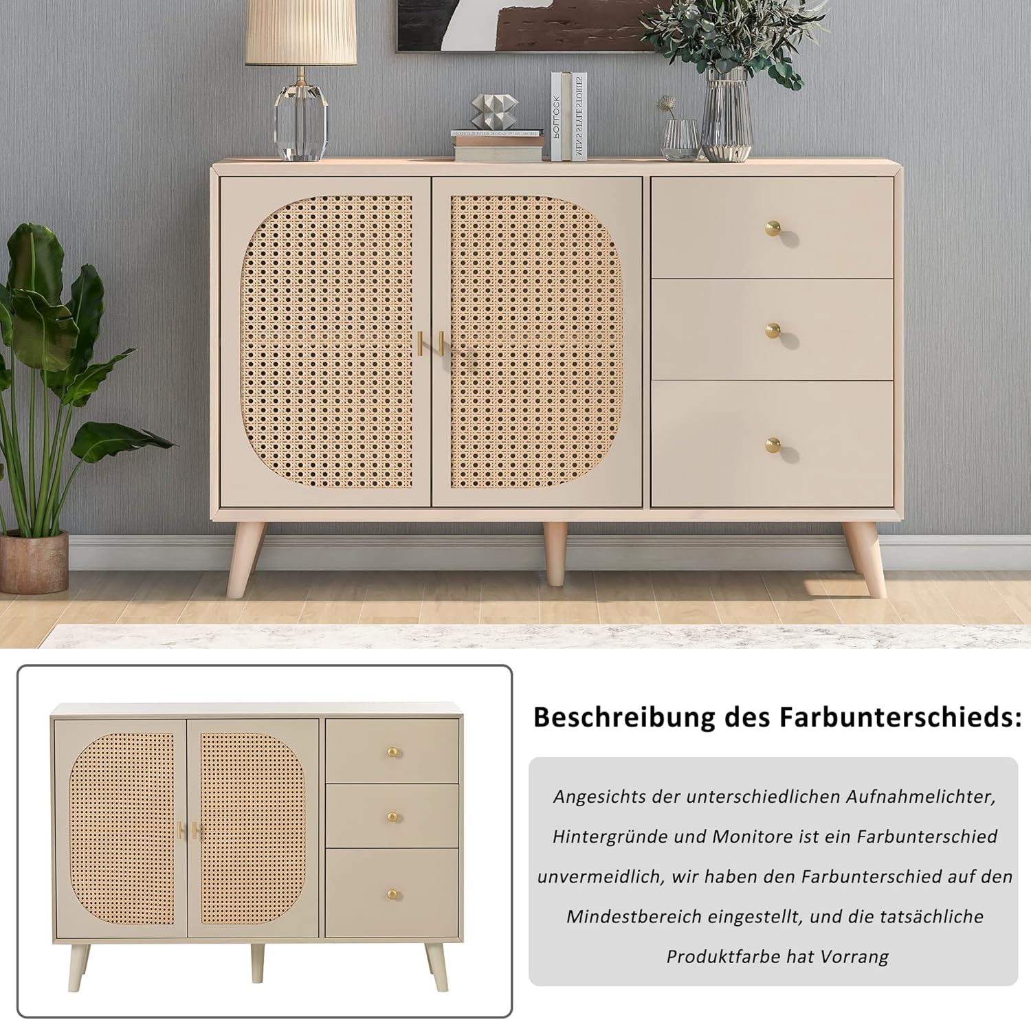 Merax Kommode mit 3 Schubladen und 2 Türen, Rattan Sideboard Schubladenschrank aus Holz, Highboard TV-Tisch mit viel Stauraum, für Schlafzimmer & Wohnräume & Büro, Offwhite, 120 x 40 x 82,5 cm — Ansicht 4